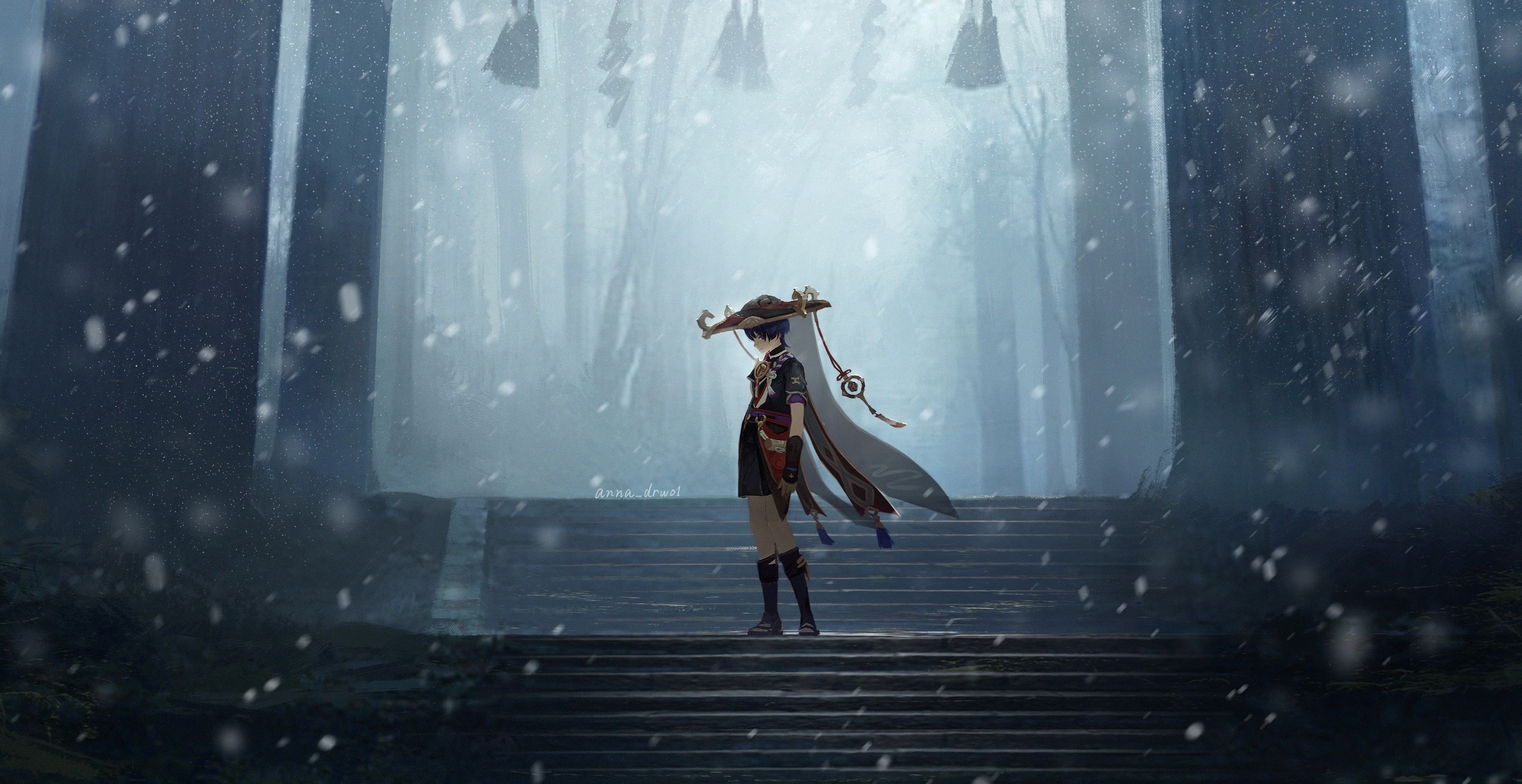 Scaramouche from Genshin Impact in a snowy forest HD Wallpaper