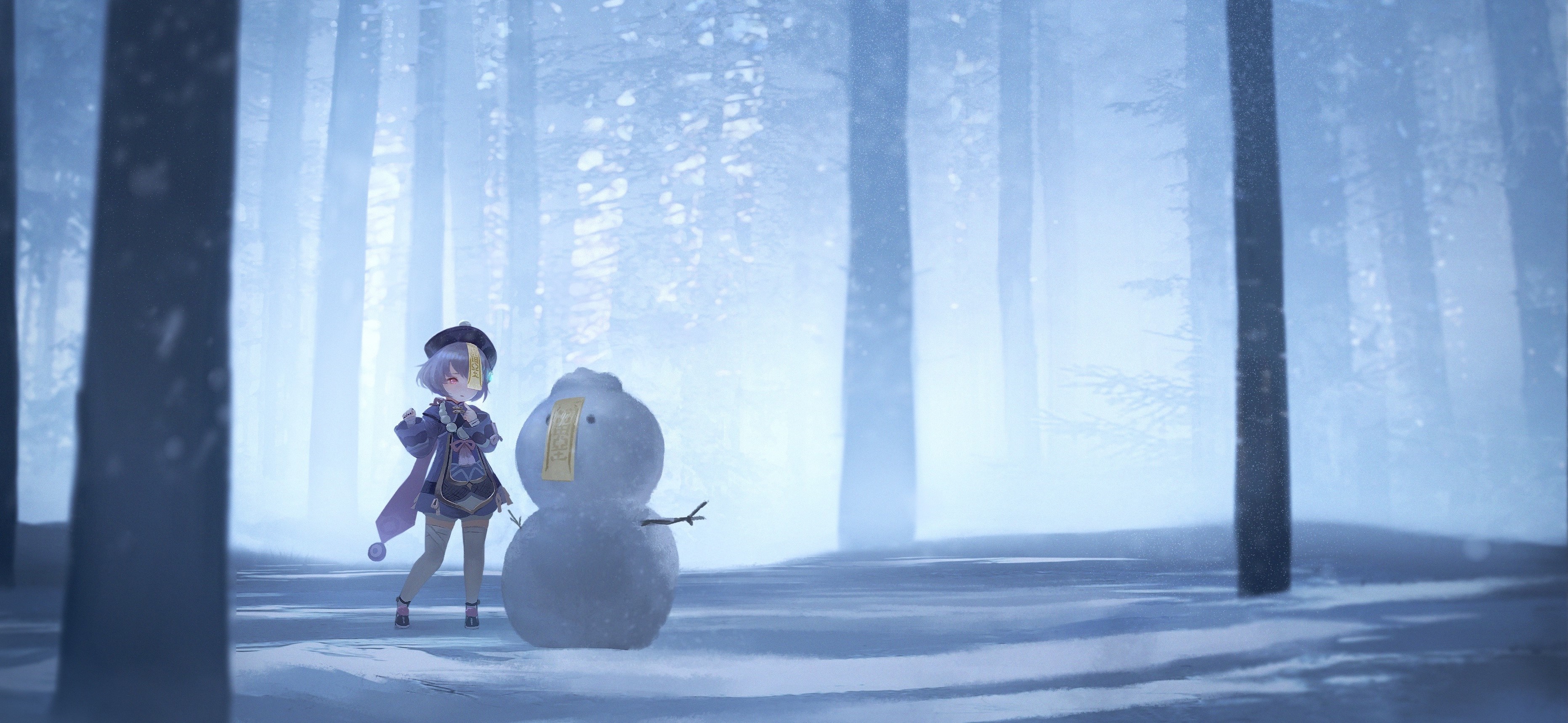 Qiqi from Genshin Impact building a snowman HD Wallpaper
