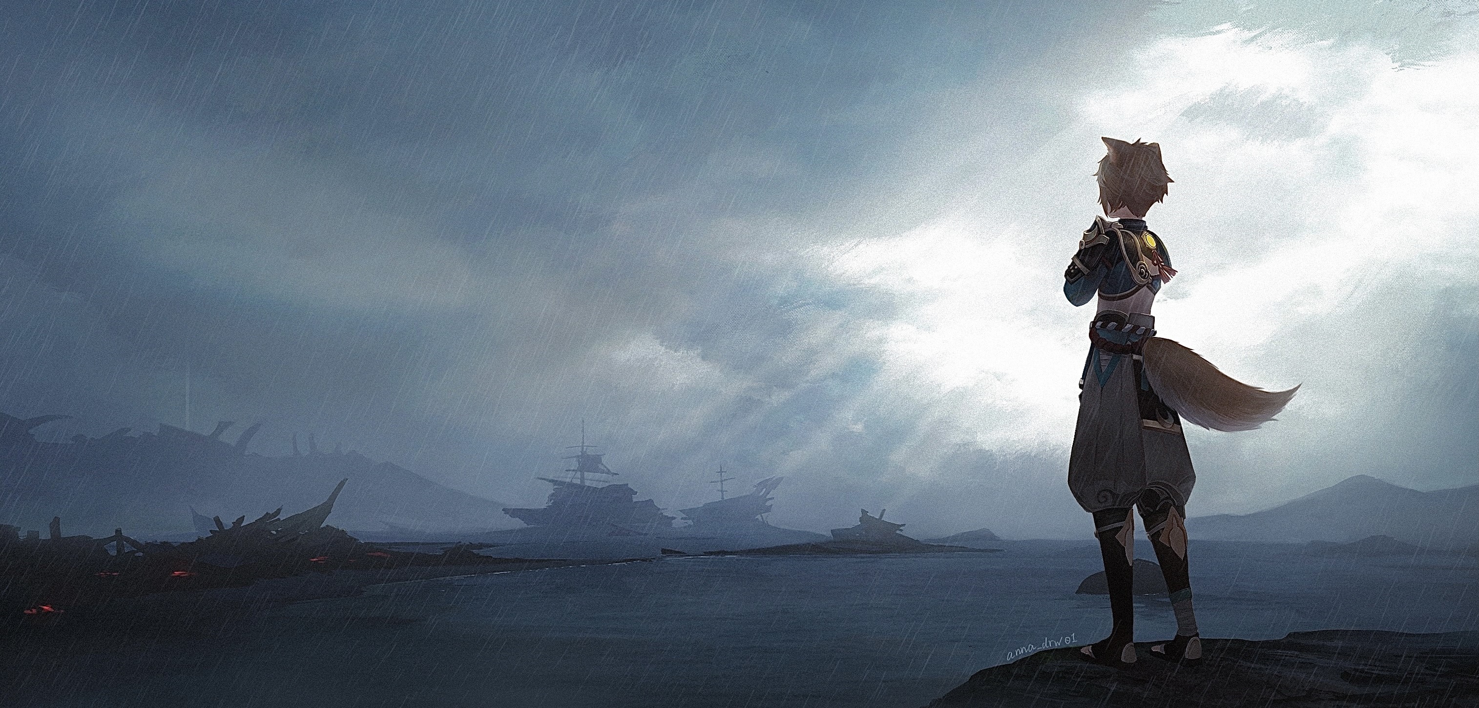 Gorou from Genshin Impact standing by the sea during a storm HD Wallpaper