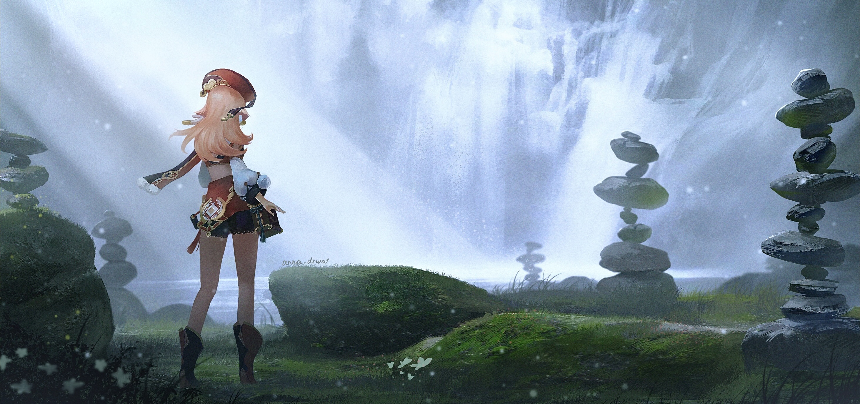Yanfei from Genshin Impact by a waterfall HD Wallpaper
