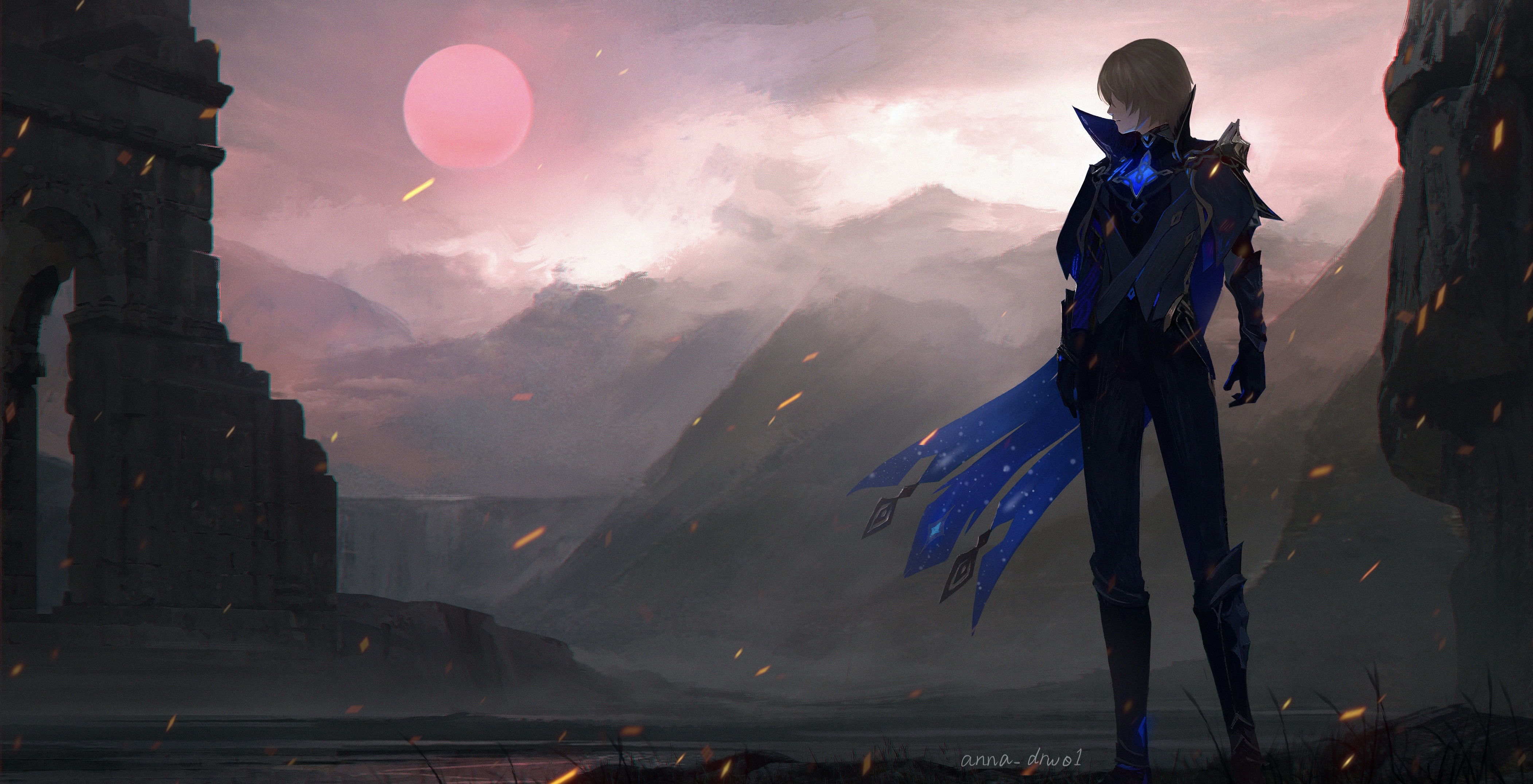 Dainsleif from Genshin Impact in a ruined landscape HD Wallpaper