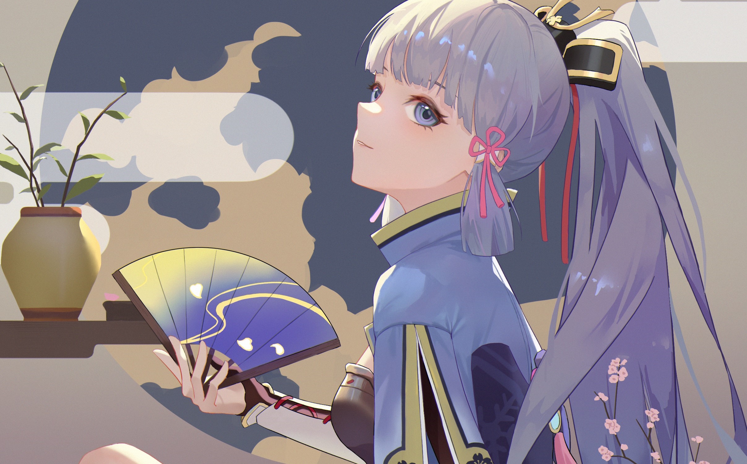 Kamisato Ayaka from Genshin Impact holding a fan HD Wallpaper