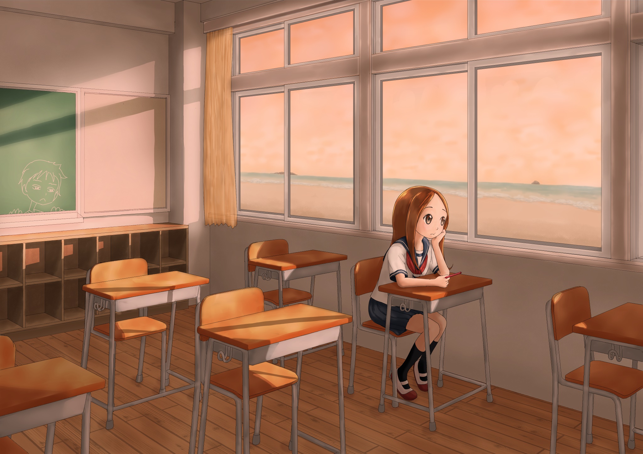 Takagi from Karakai Jouzu No Takagi-san in classroom HD Wallpaper