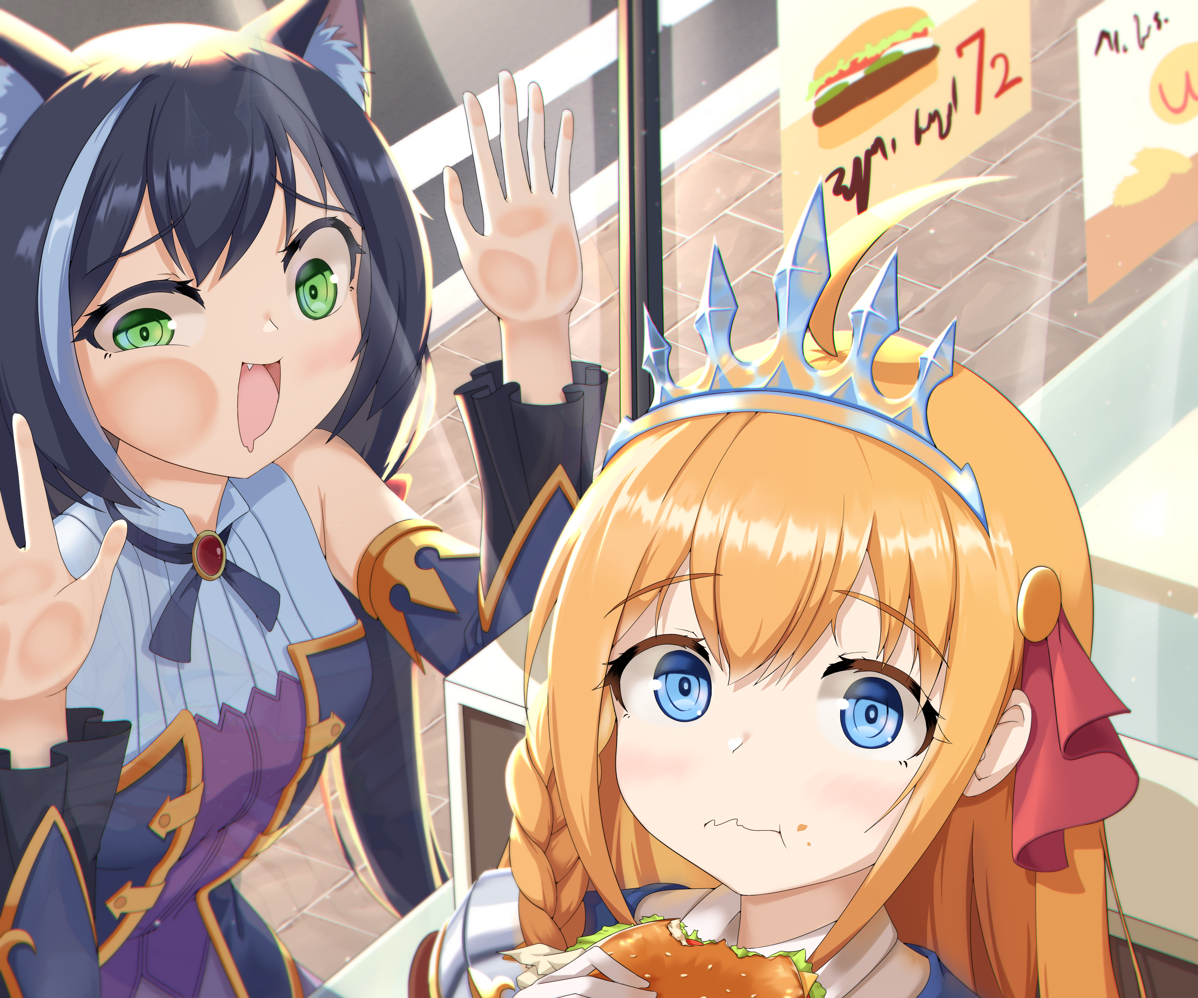 Karyl and Pecorine from Princess Connect! Re:Dive eating burgers HD Wallpaper