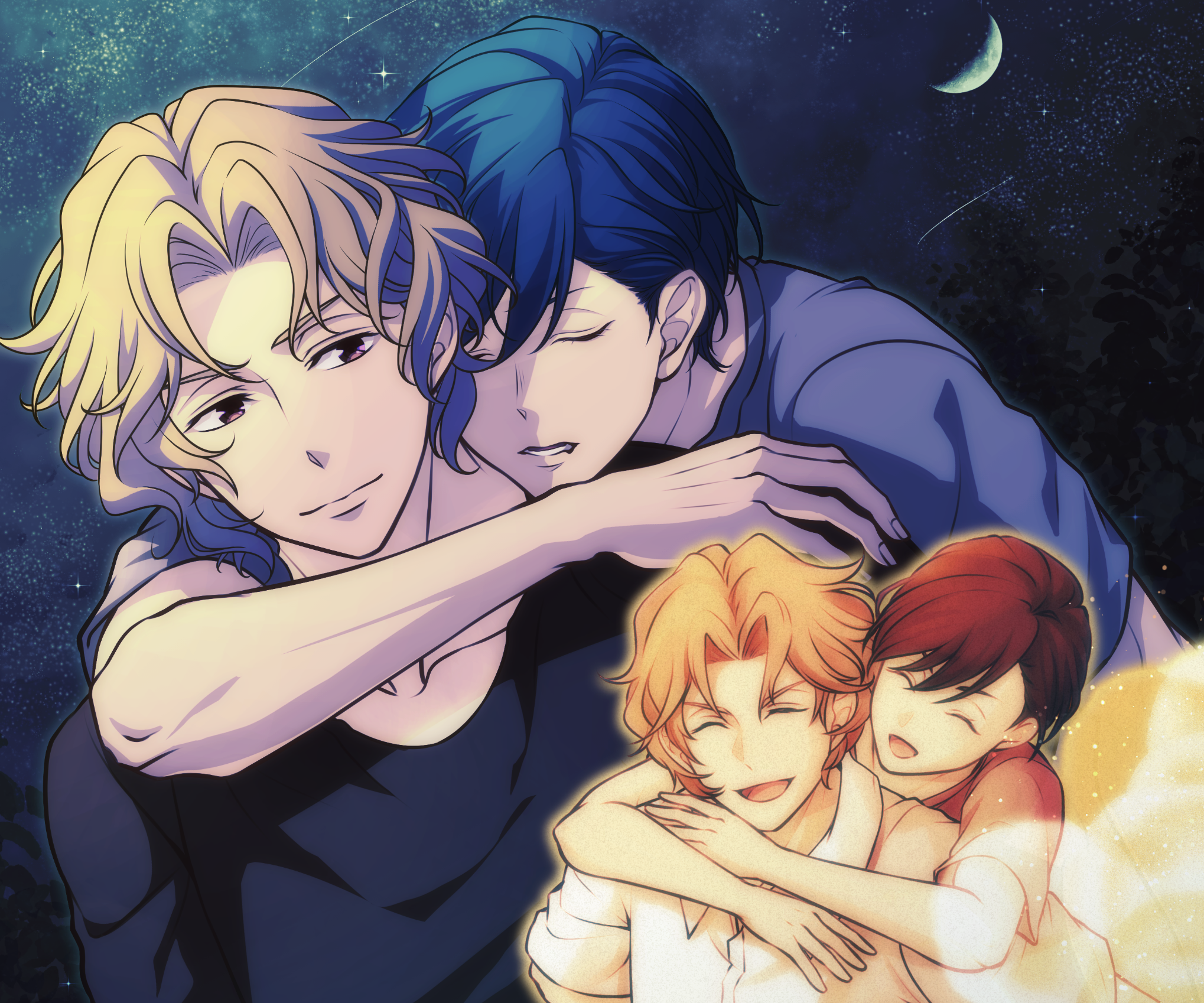 Four men embracing under a starry night sky HD Wallpaper