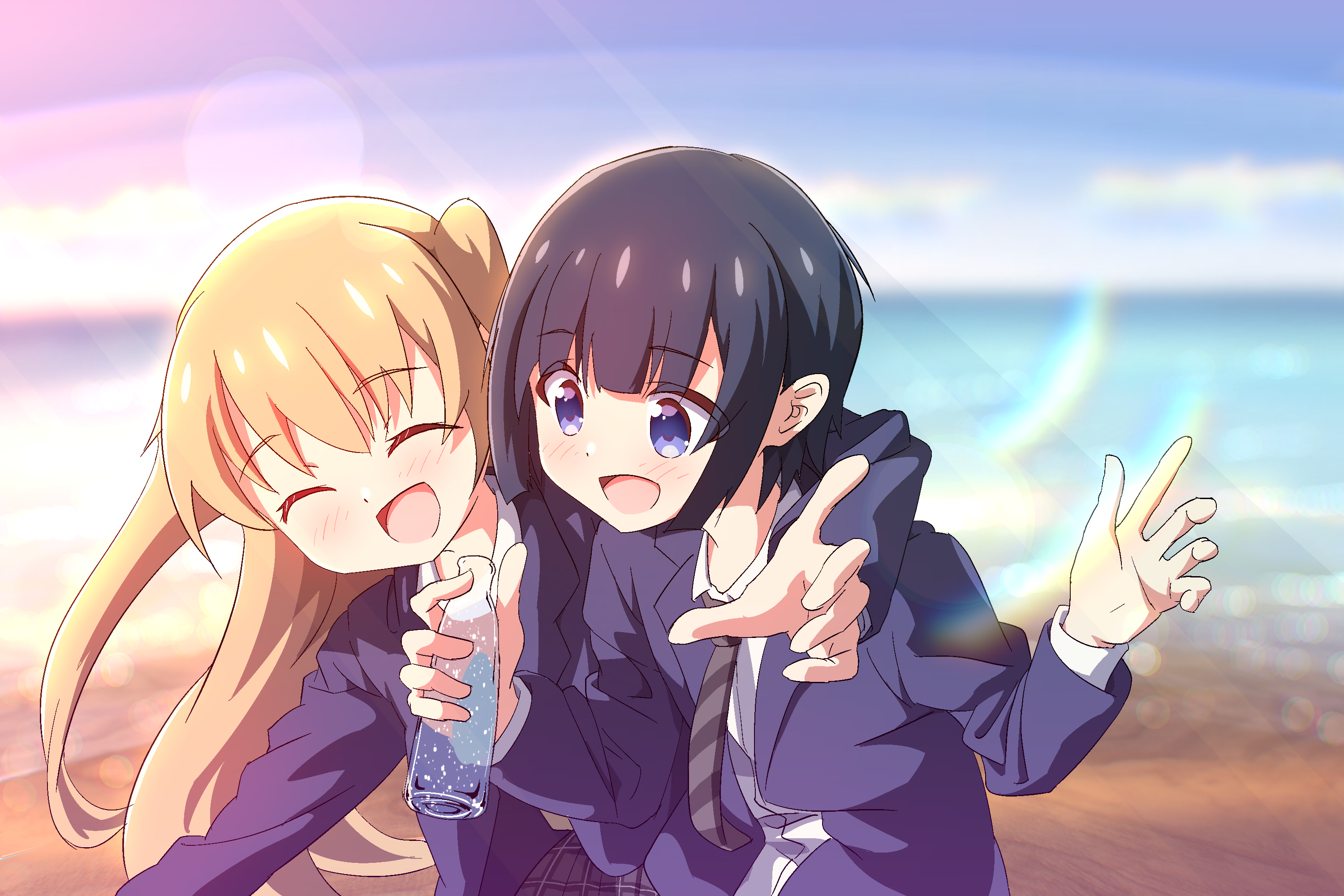 Hiyori and Koharu from Slow Loop at the beach HD Wallpaper