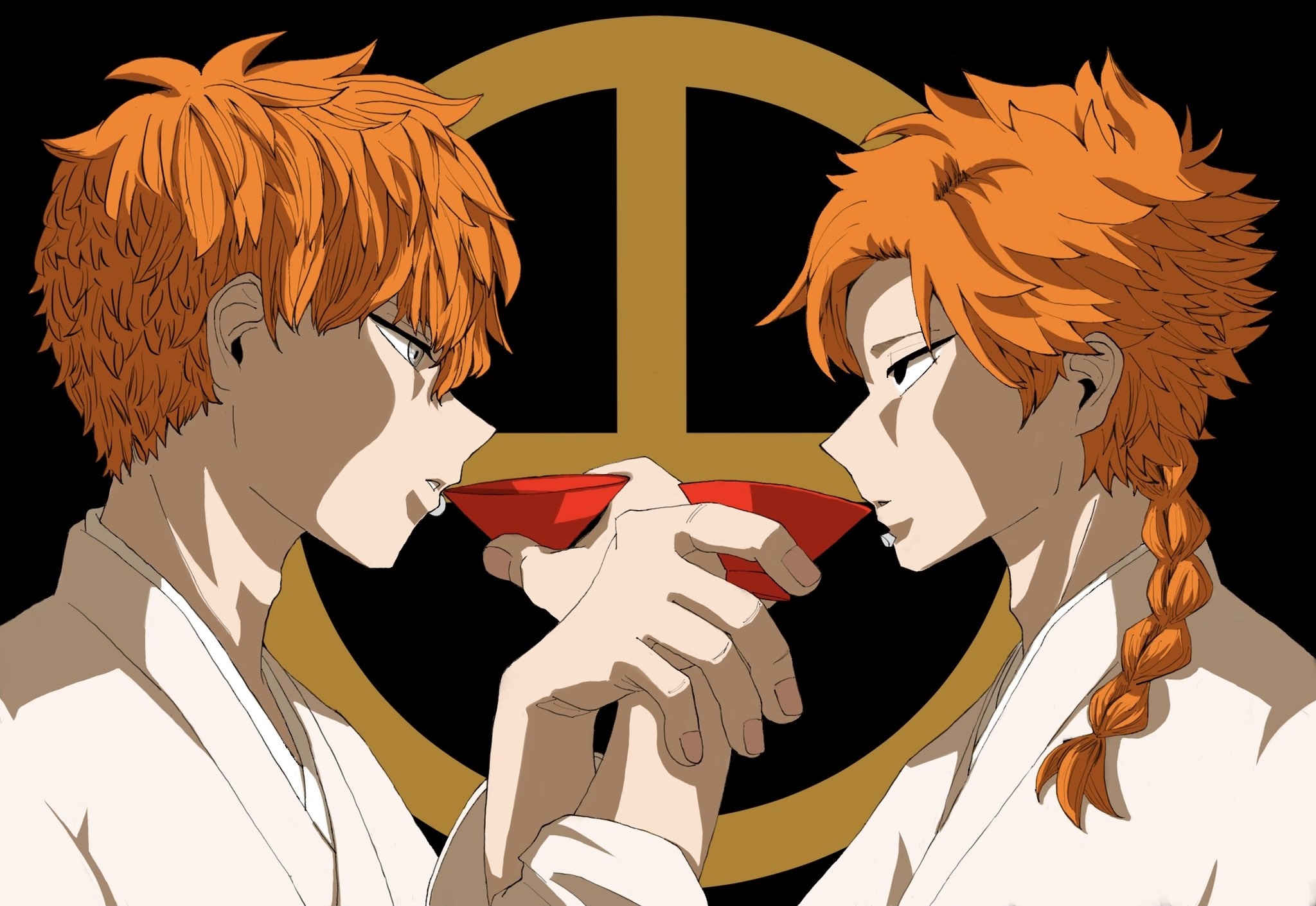 Two men with orange hair drinking from red cups HD Wallpaper