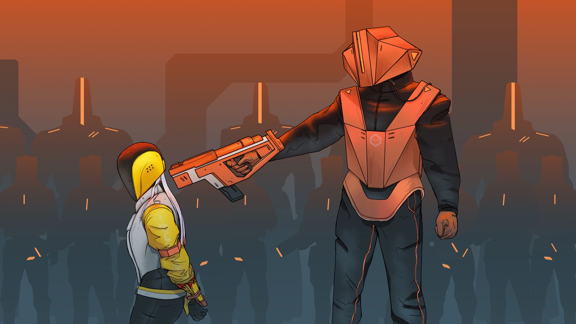 Two armored figures, one holding a gun HD Wallpaper