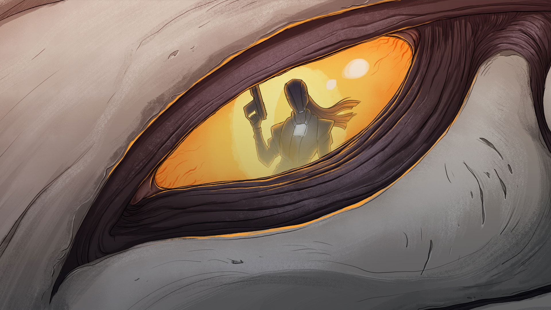 Character with gun reflected in a creature's eye HD Wallpaper