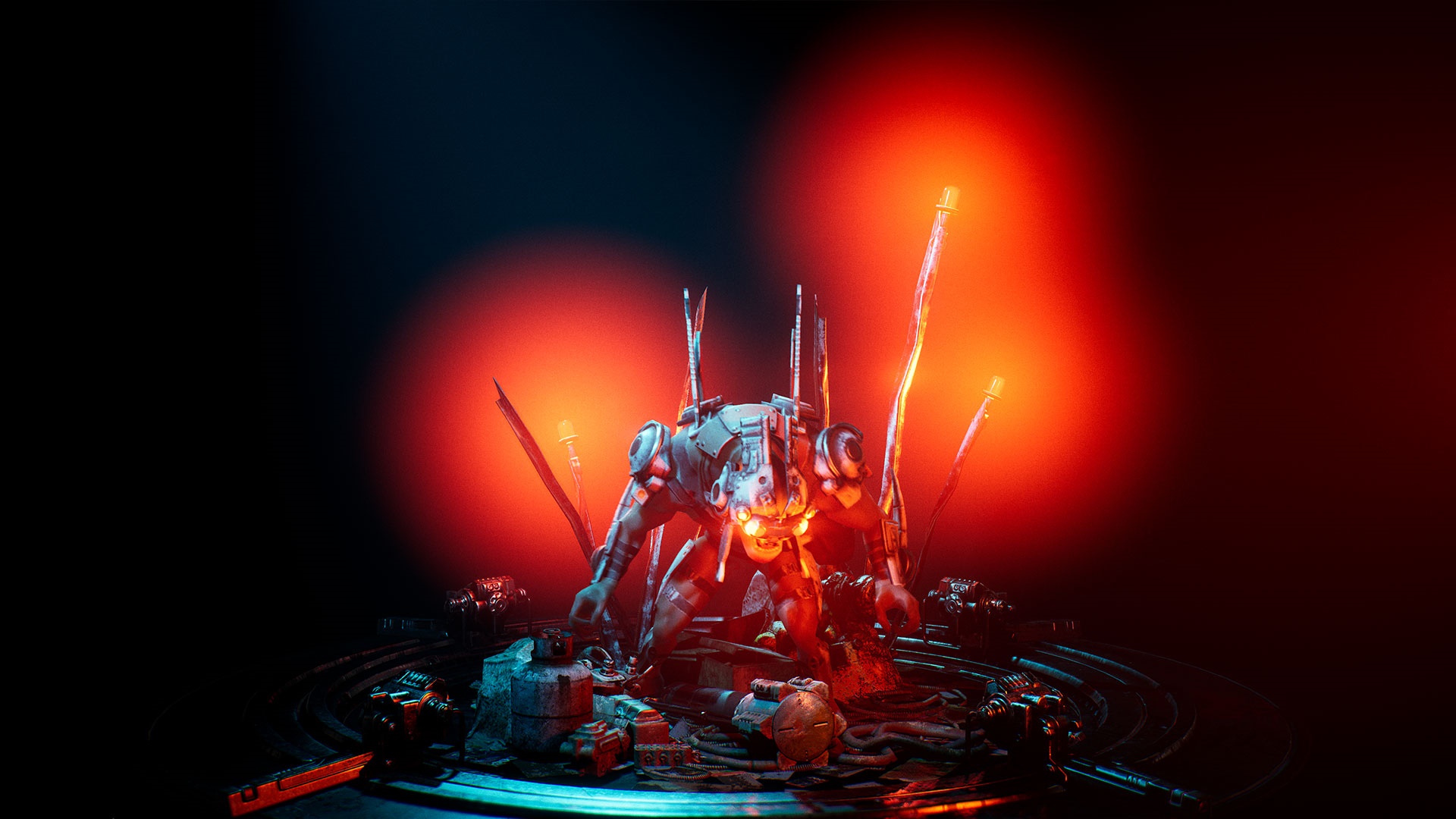 Feral creature with glowing eyes and mechanical parts HD Wallpaper
