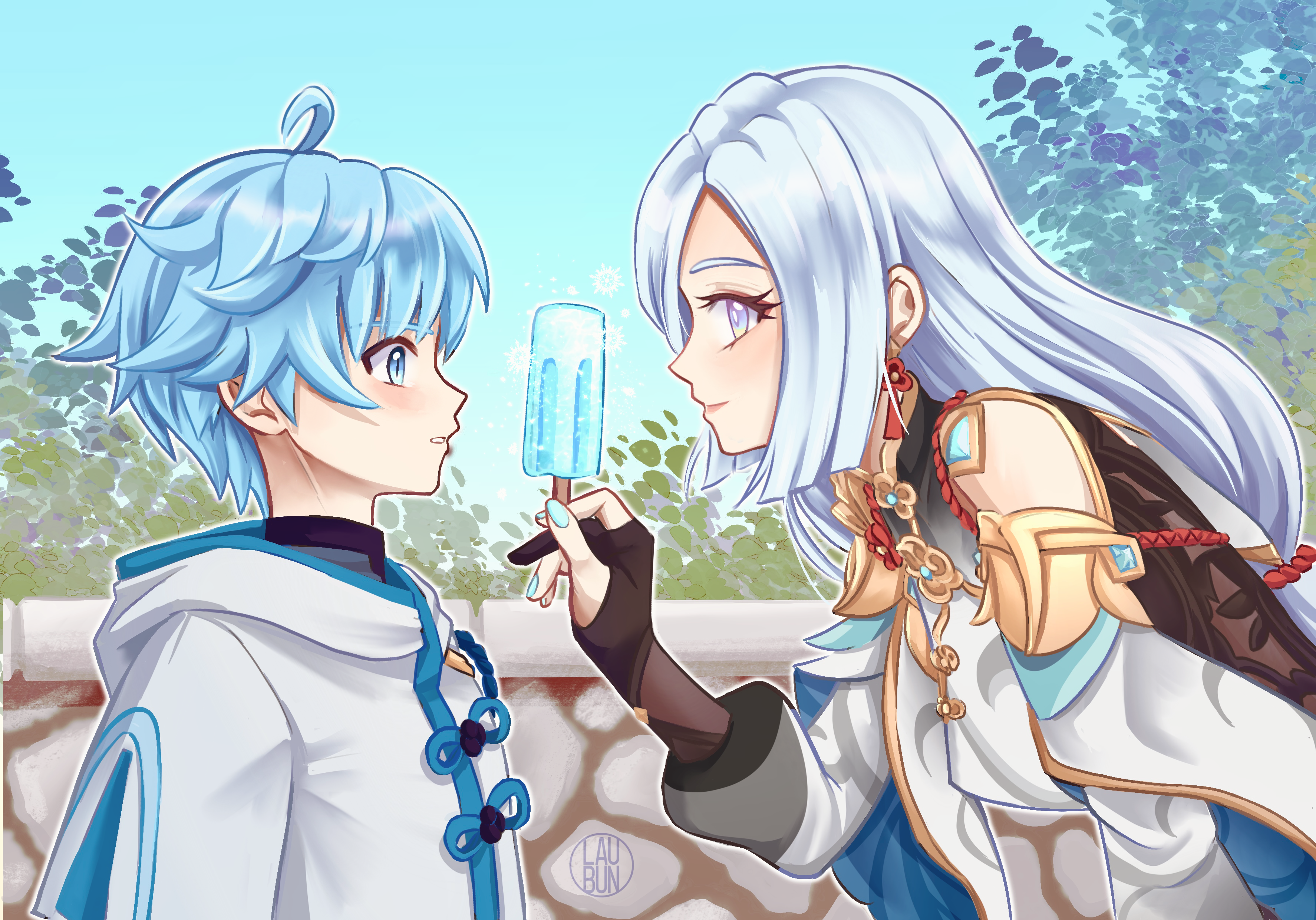Chongyun and Shenhe from Genshin Impact sharing an popsicle HD Wallpaper
