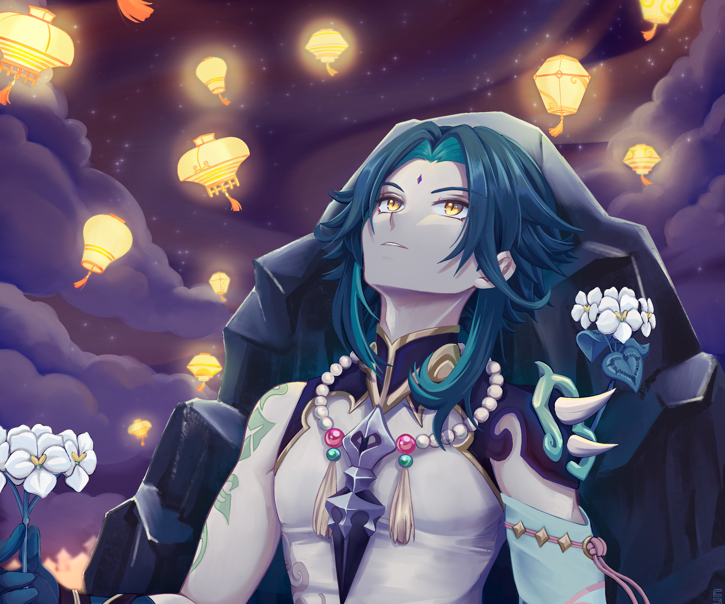 Xiao from Genshin Impact with lanterns HD Wallpaper