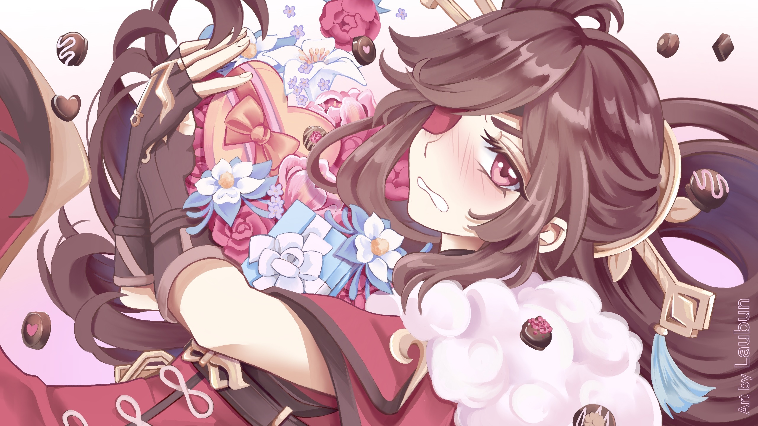Beidou from Genshin Impact with chocolates and flowers HD Wallpaper