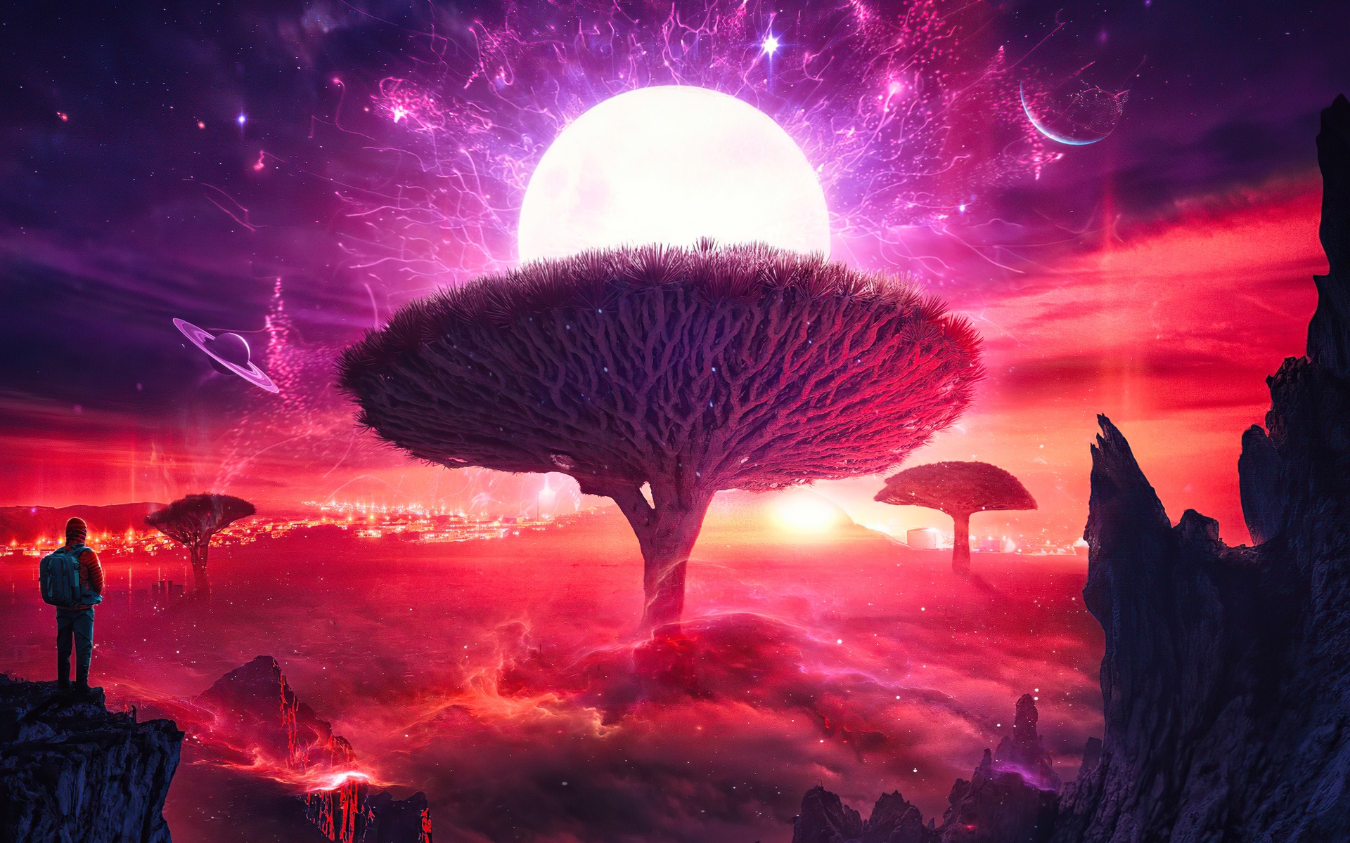 Alien landscape with a person and a large tree HD Wallpaper