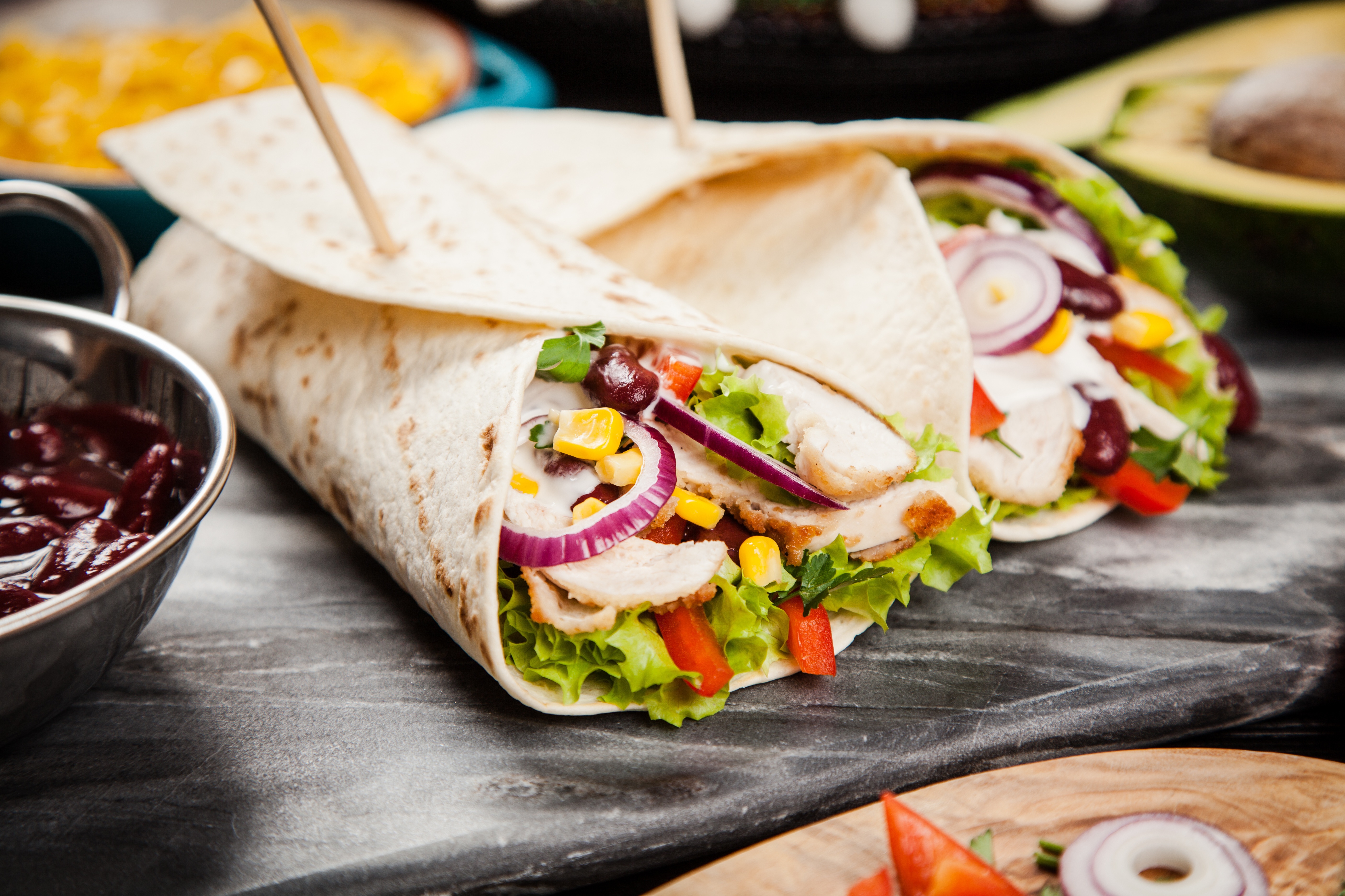 Chicken wraps with corn, beans, and red onion HD Wallpaper