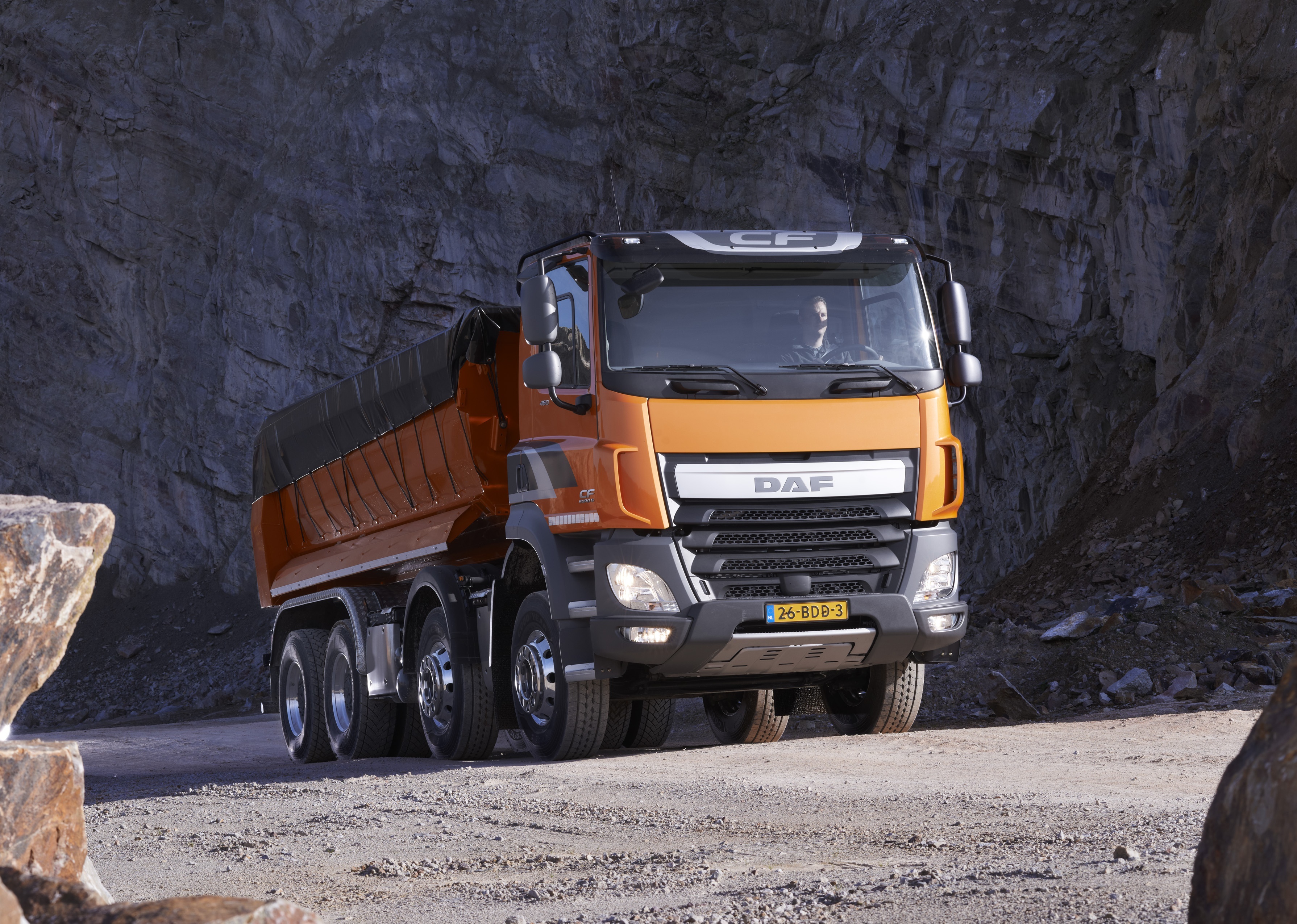 Orange DAF CF 460 FAD dump truck in quarry HD Wallpaper