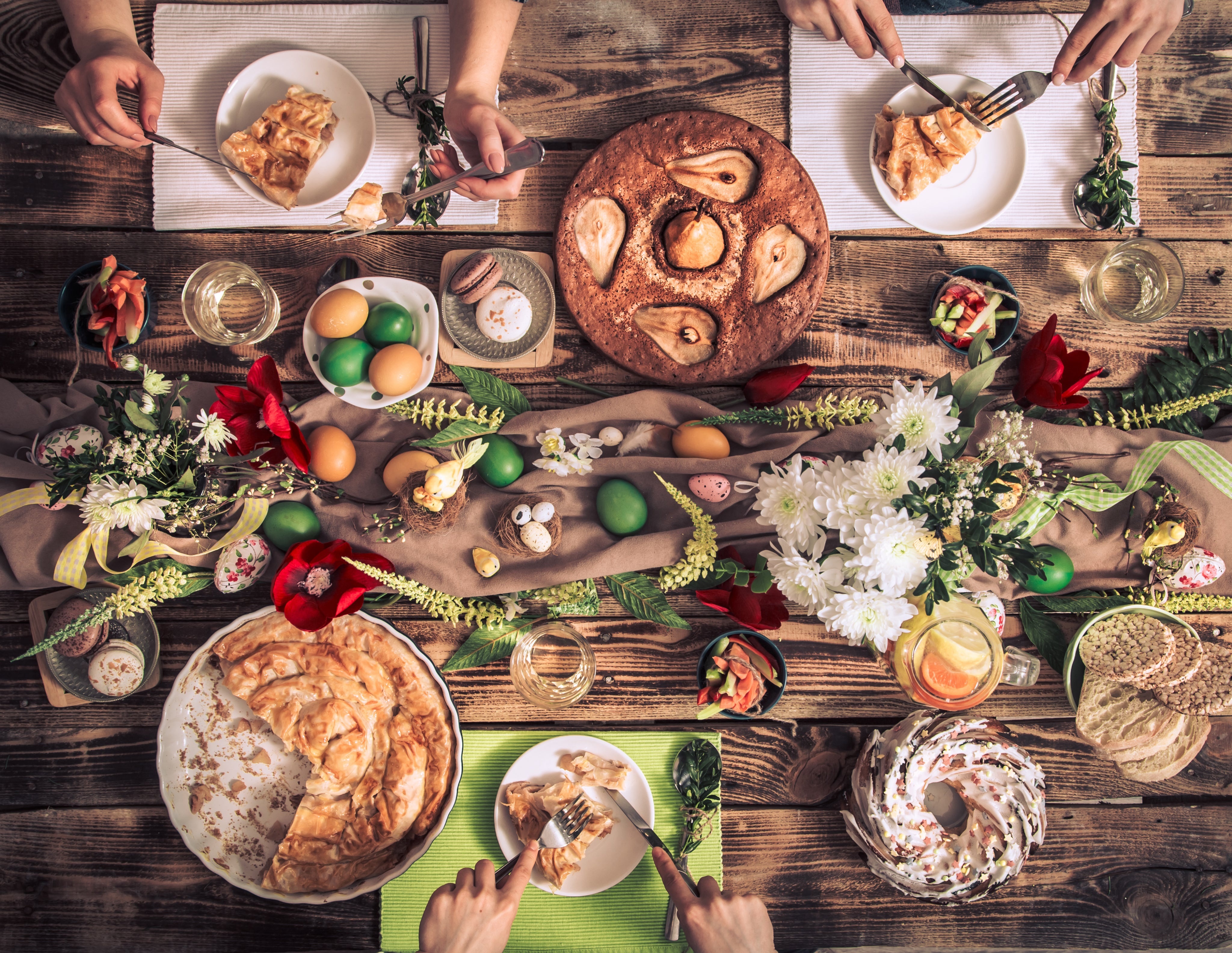 Easter meal with pear cake and eggs HD Wallpaper