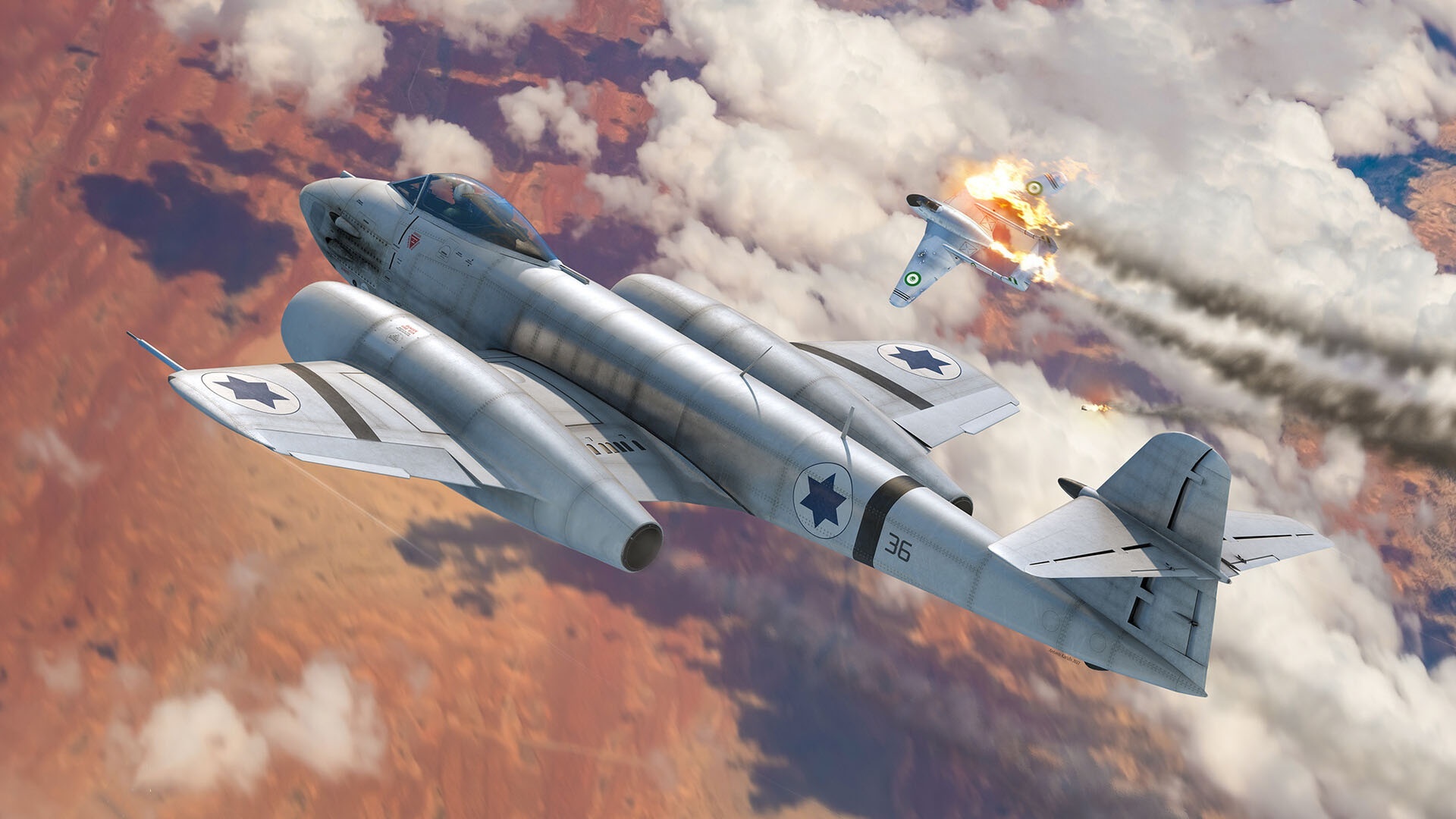 De Havilland Vampire jets in aerial combat HD Wallpaper