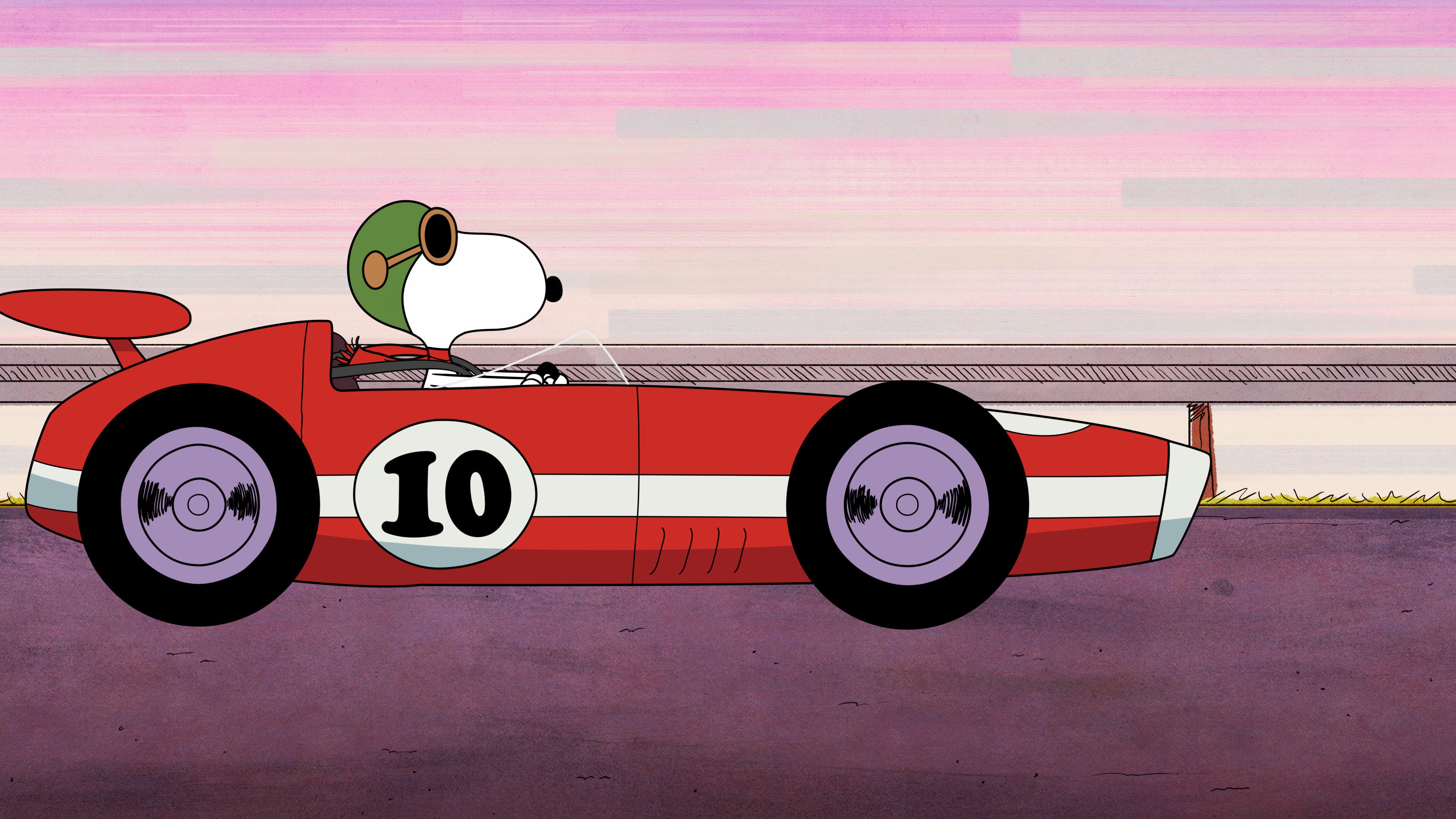 Snoopy from The Snoopy Show racing a car HD Wallpaper