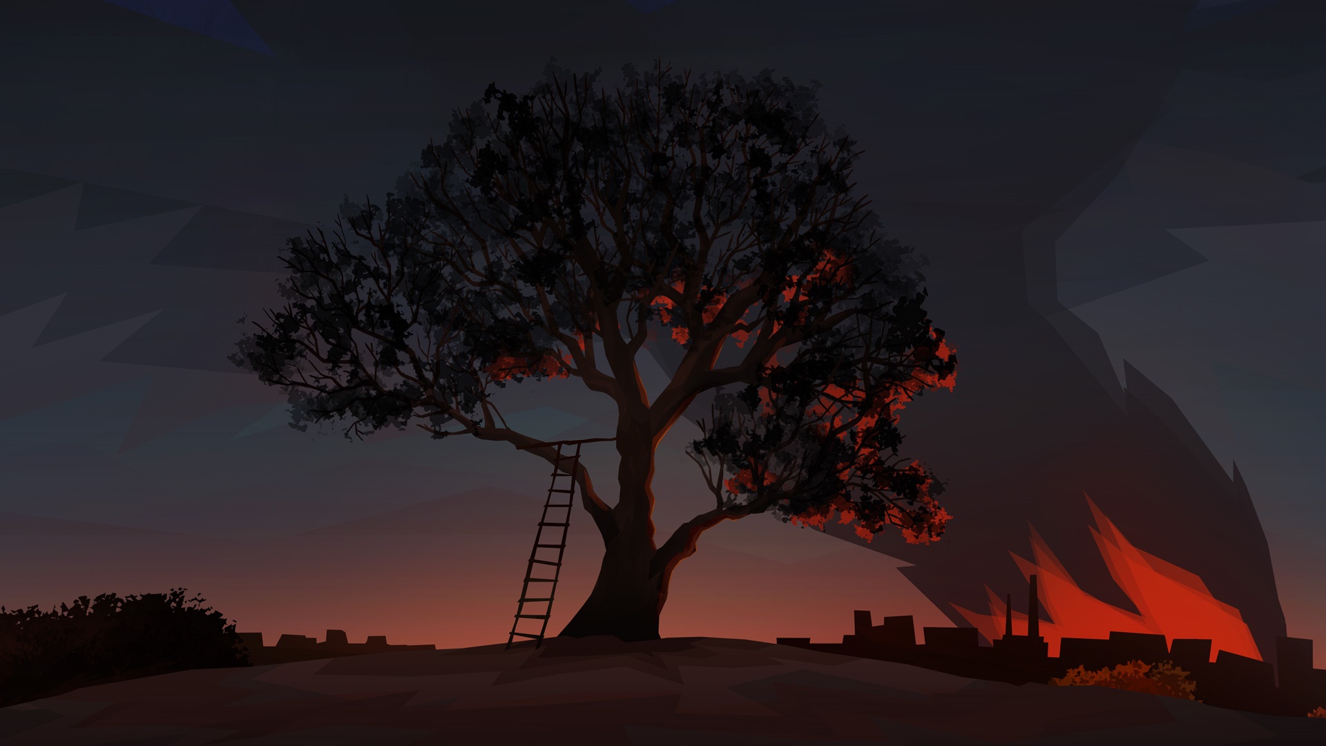 Tree with ladder and burning city at dusk HD Wallpaper