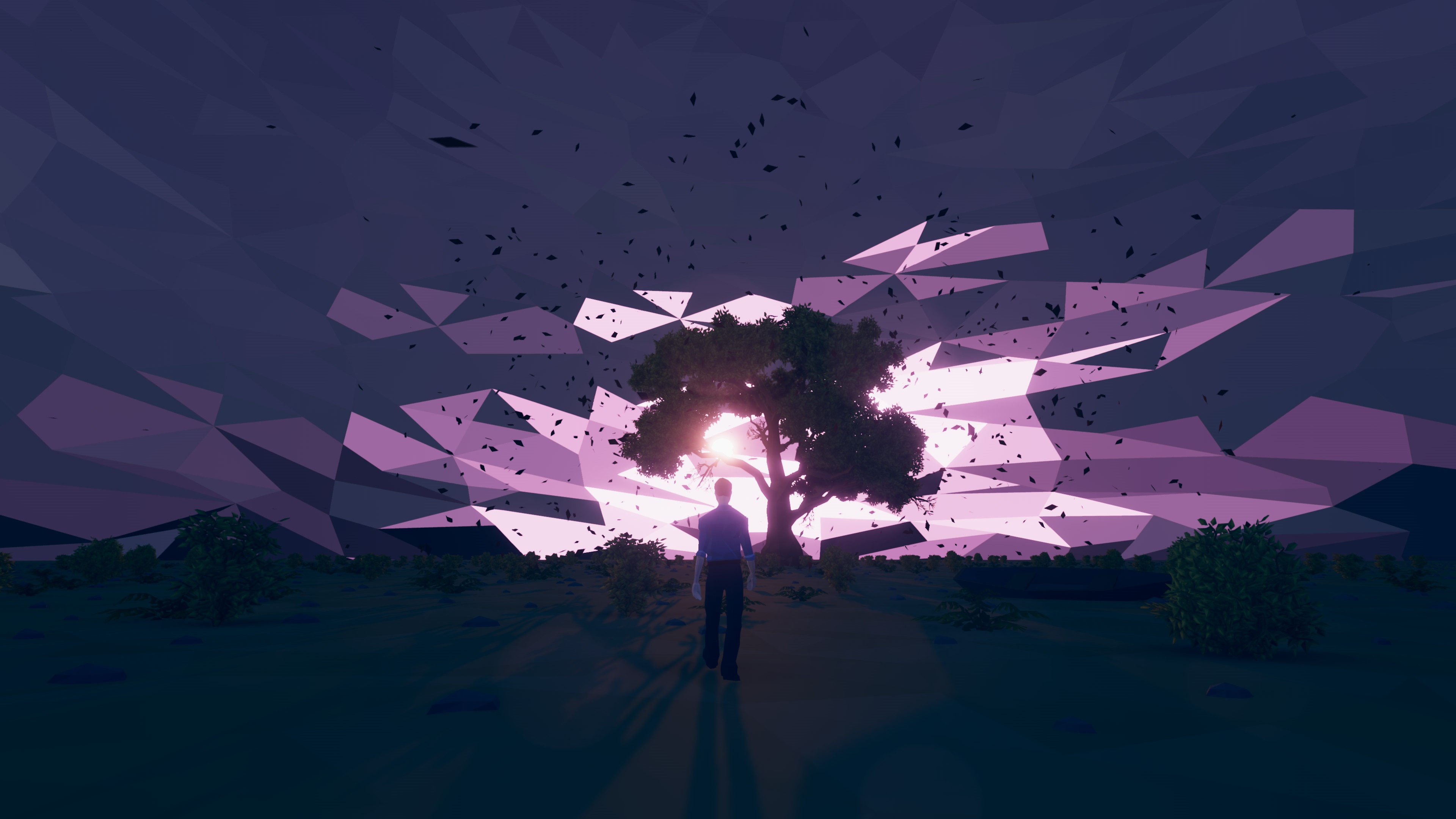 Man walking towards a tree with geometric sky HD Wallpaper