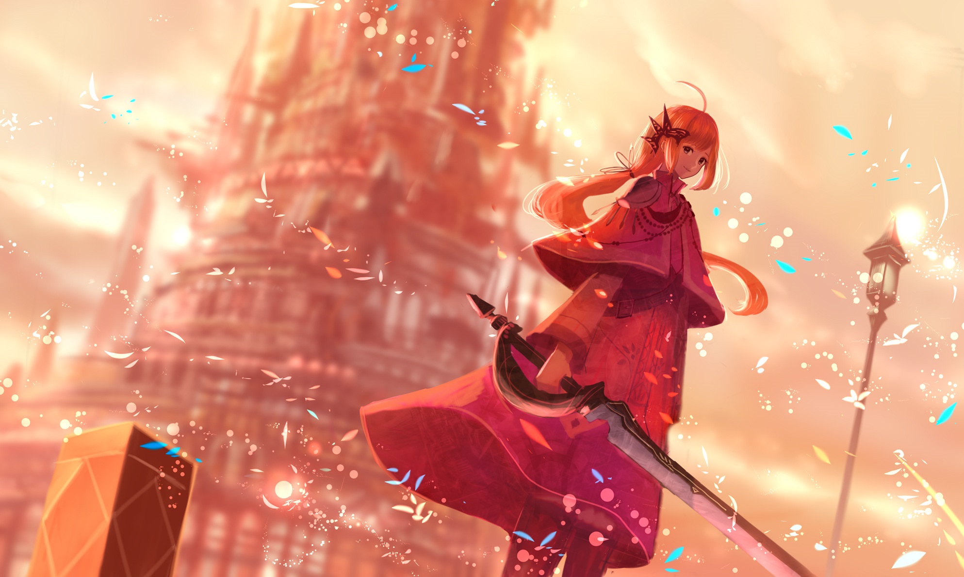 Anime girl with sword and castle HD Wallpaper