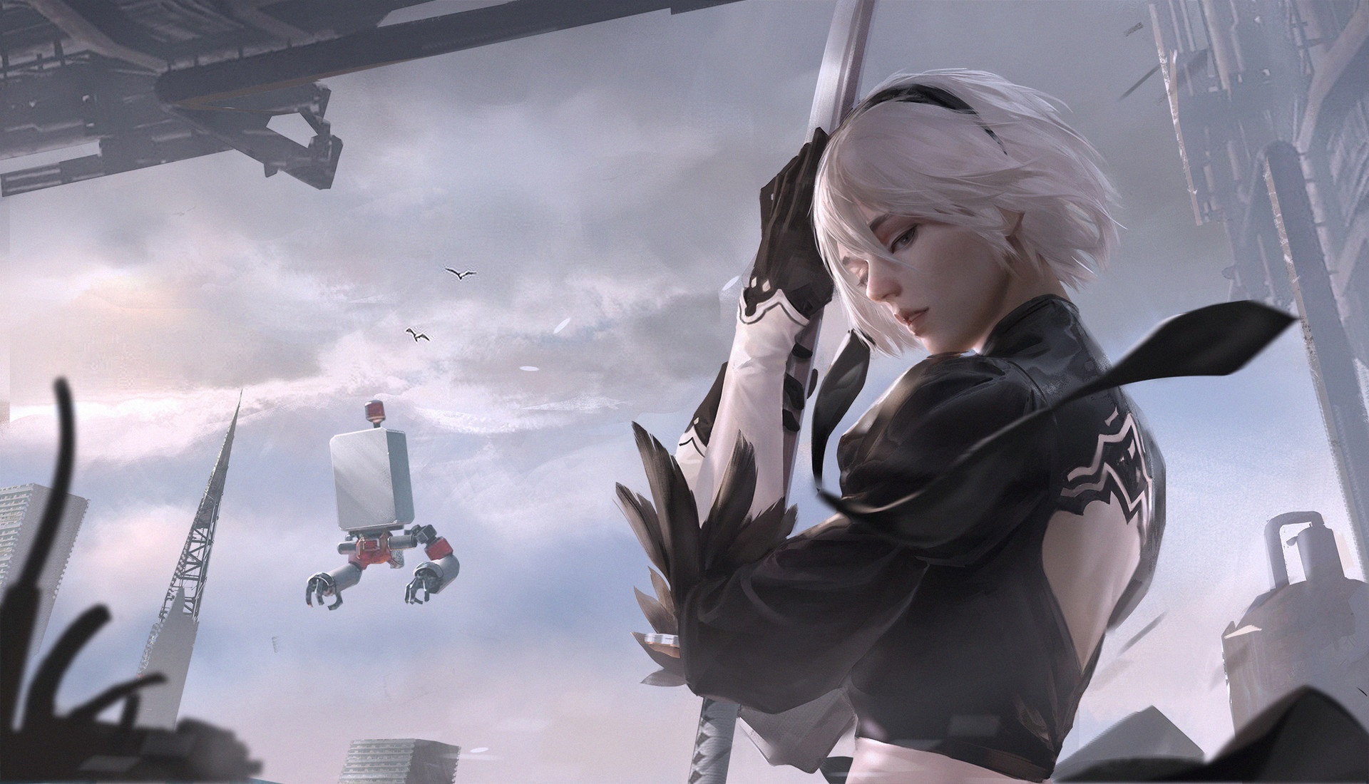2B from NieR: Automata with a robot HD Wallpaper