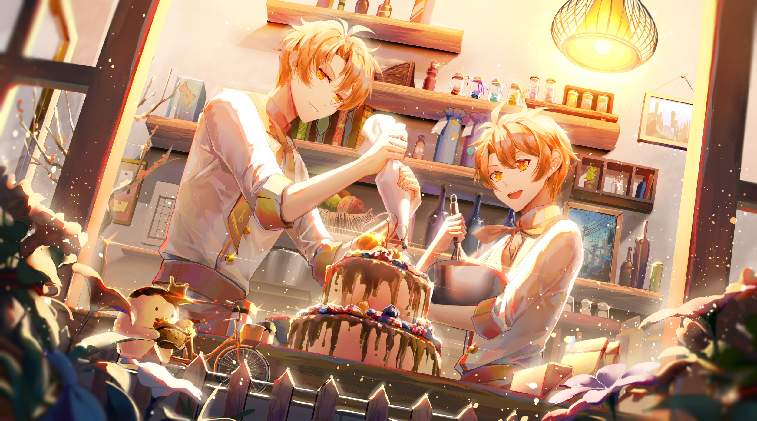 Two boys decorating a cake HD Wallpaper