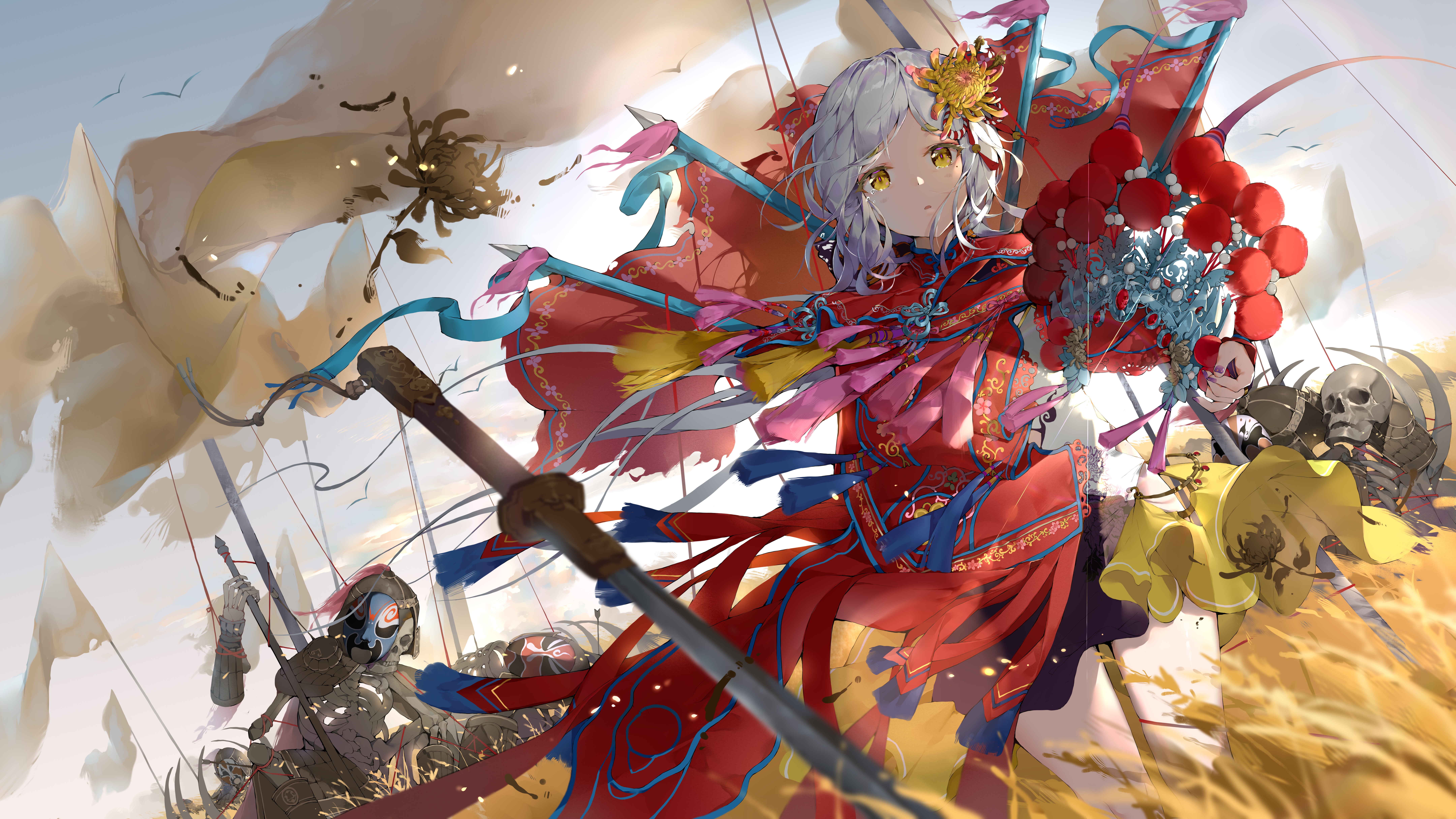Girl Warrior in Red Traditional Outfit with Sword HD Wallpaper