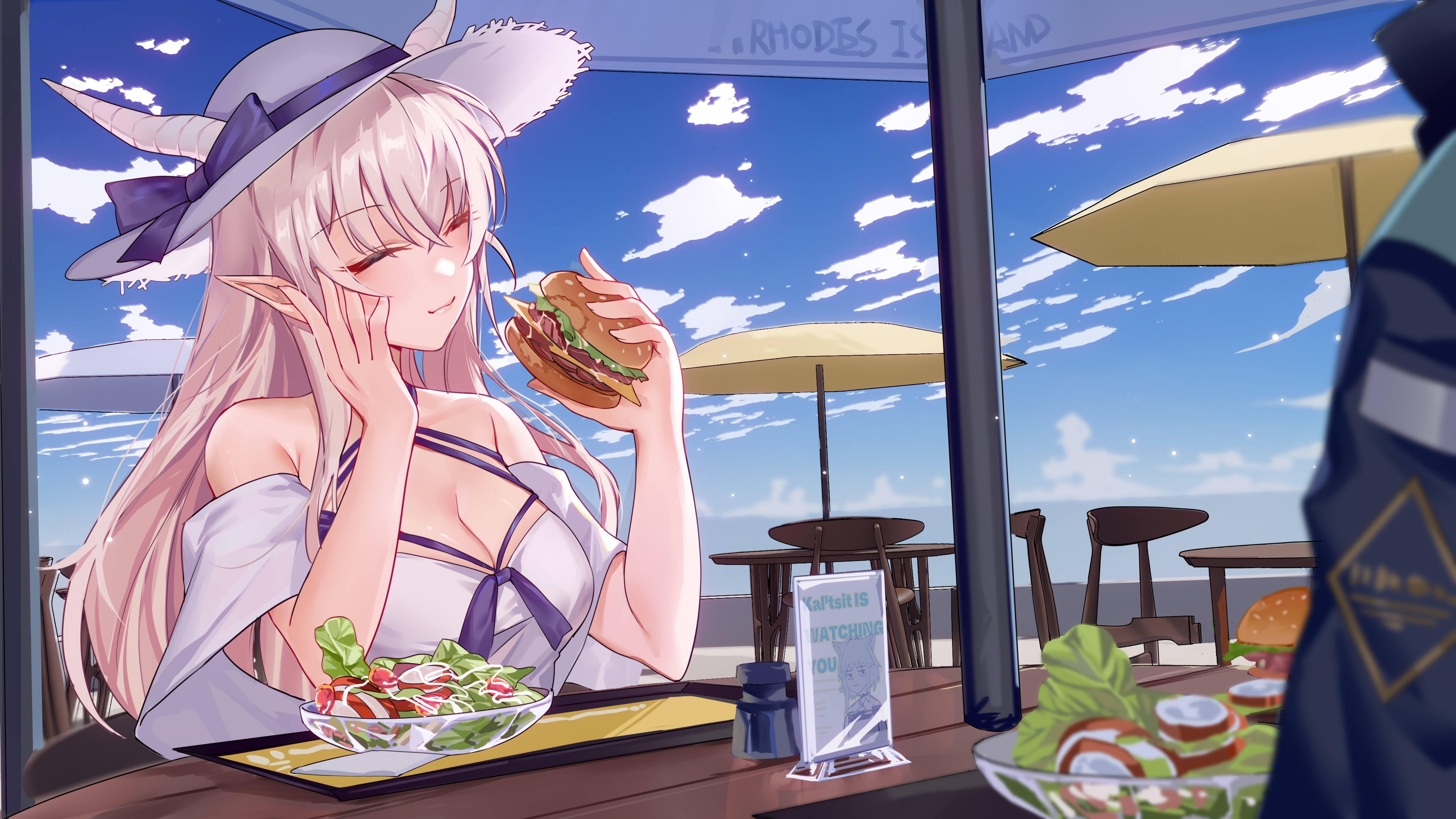 Shining from Arknights eating a burger at Rhodes Island HD Wallpaper