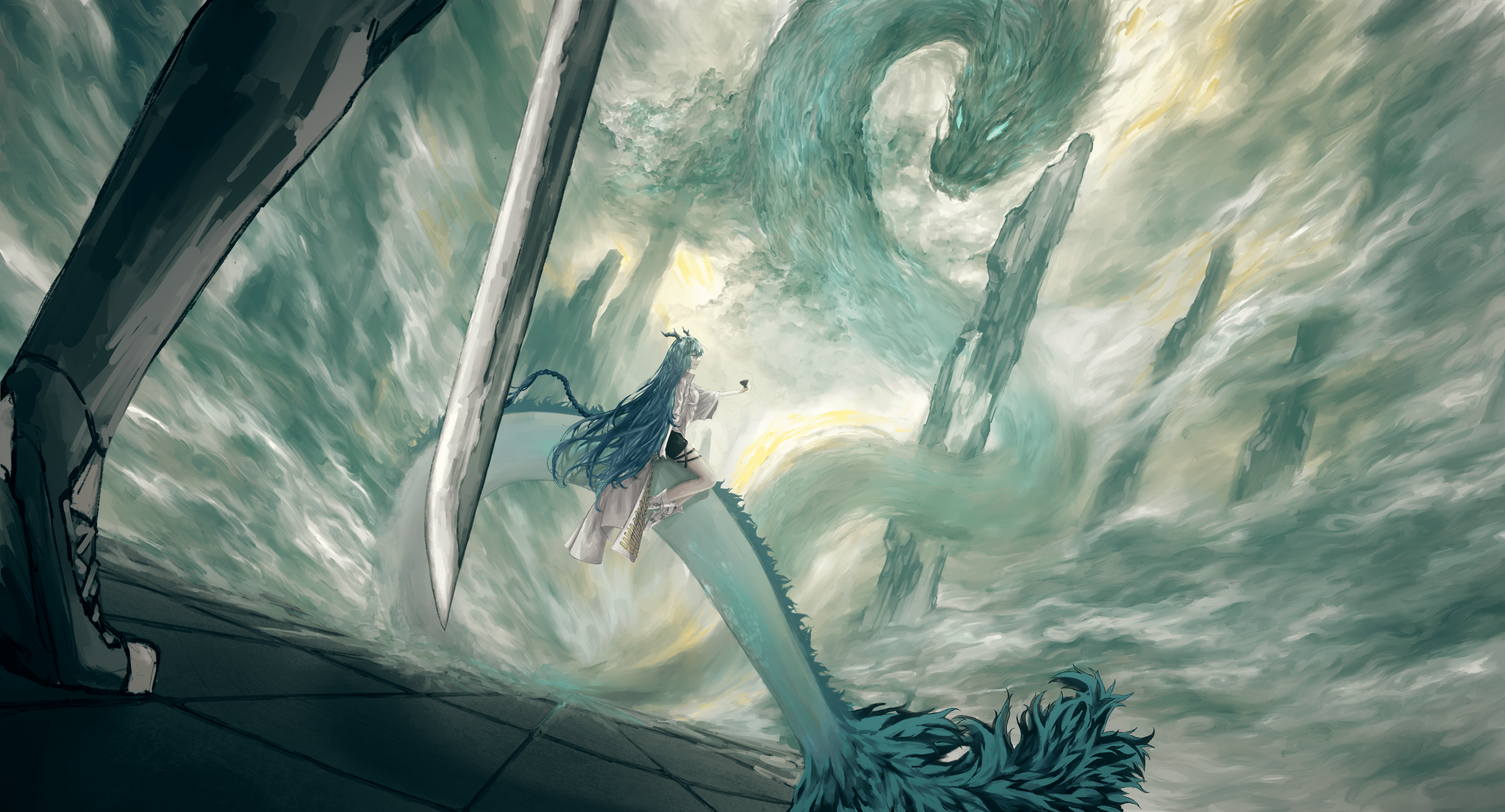 Ling from Arknights fighting a dragon HD Wallpaper