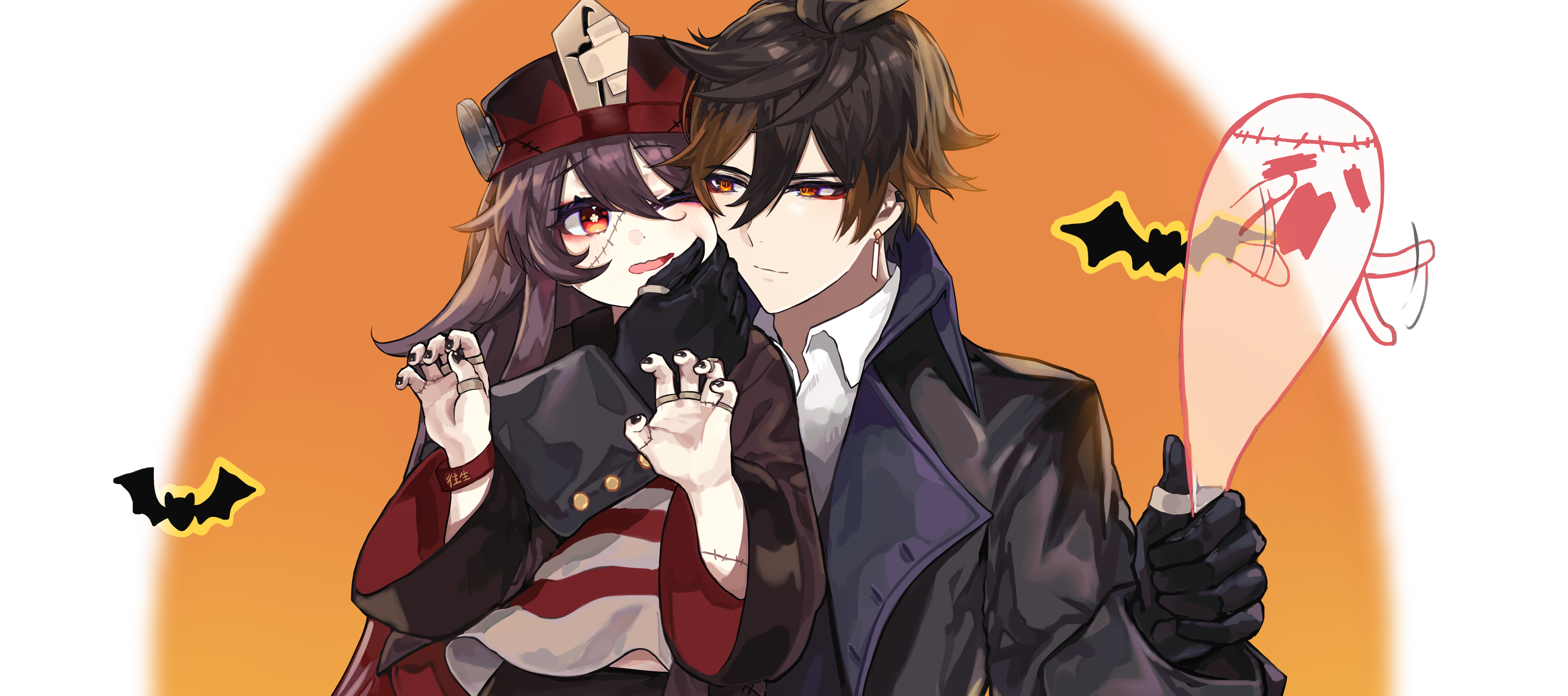 Hu Tao and Zhongli from Genshin Impact Halloween HD Wallpaper