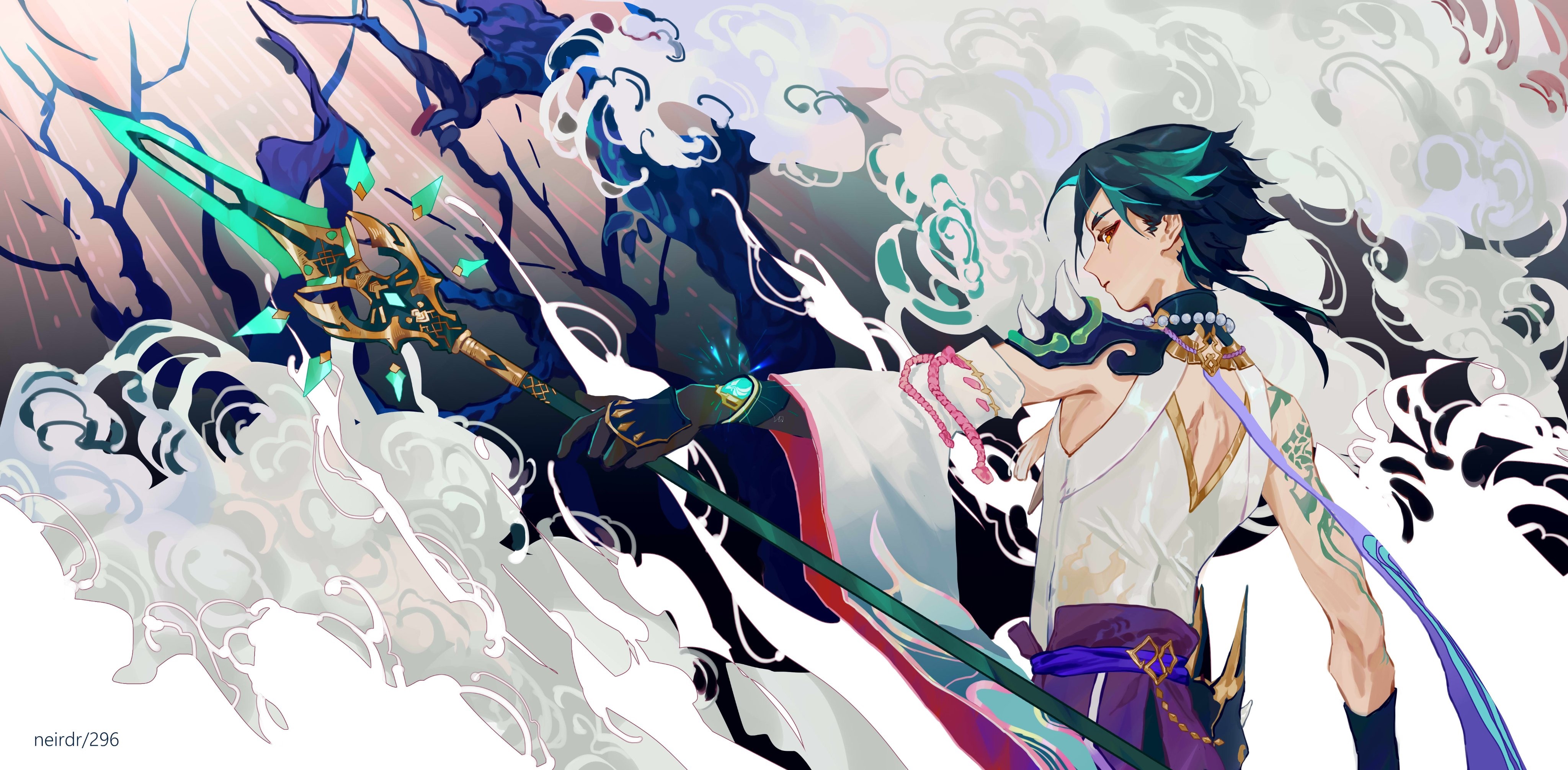 Xiao from Genshin Impact with a spear HD Wallpaper