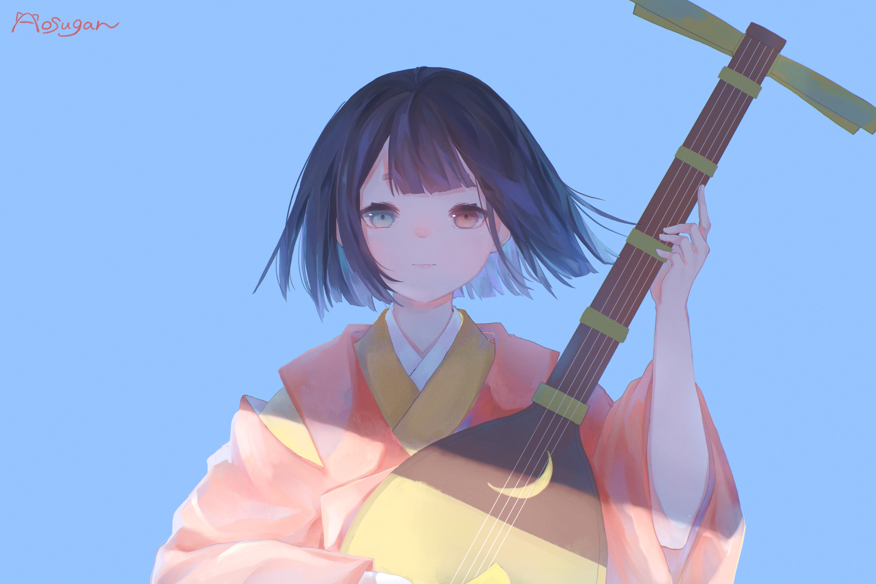 Girl with heterochromia playing a biwa HD Wallpaper