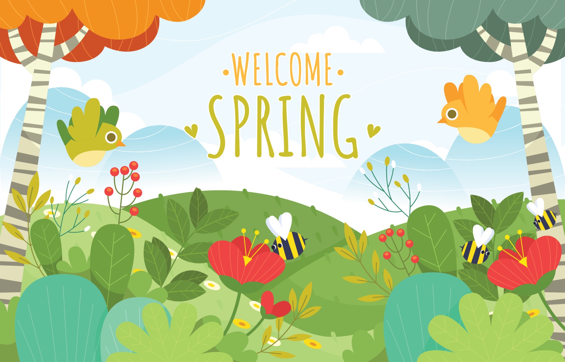 Welcome Spring illustration with birds and bees HD Wallpaper