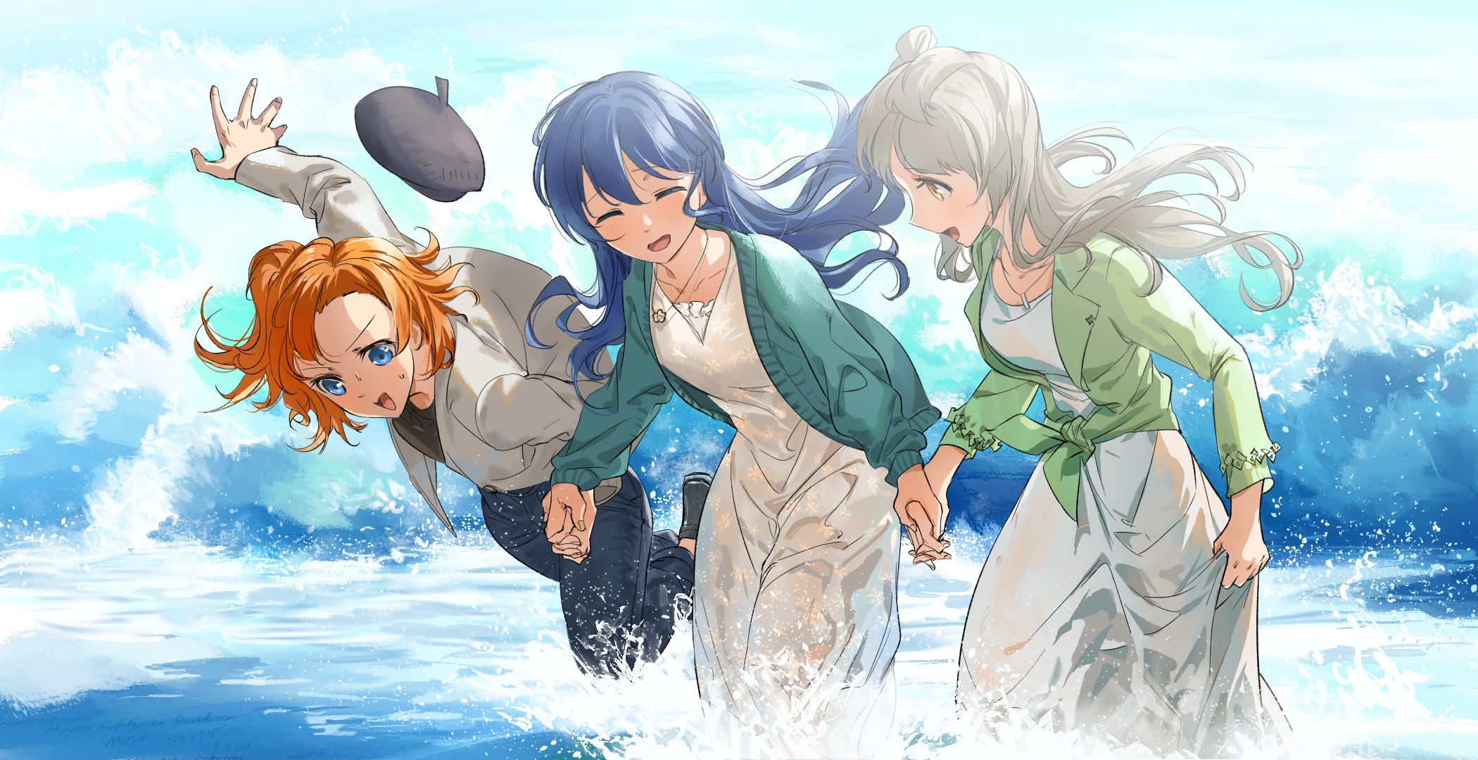 Honoka Kousaka, Kotori Minami, and Umi Sonoda from Love Live! in the ocean HD Wallpaper