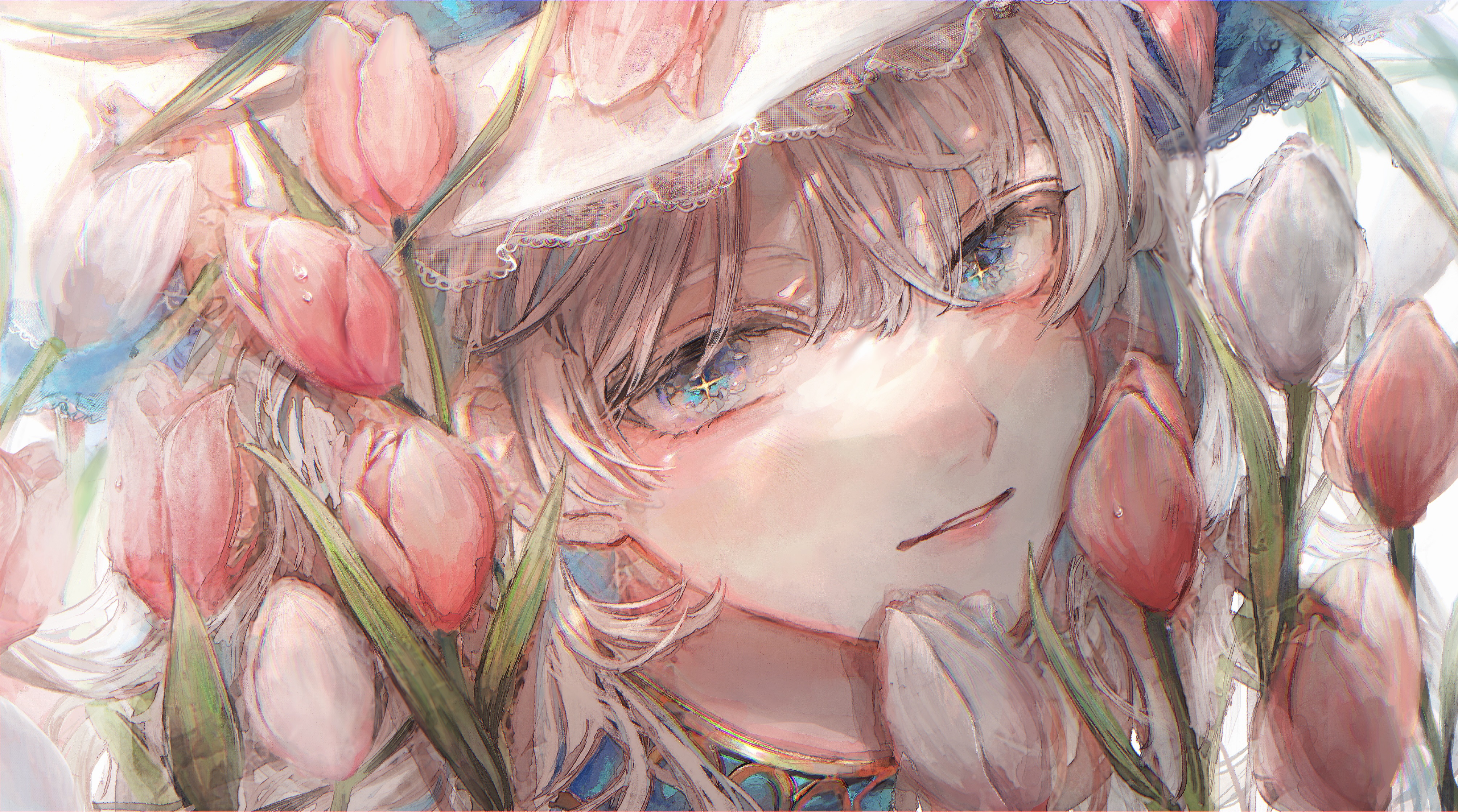 Girl surrounded by tulips 4K HD Wallpaper