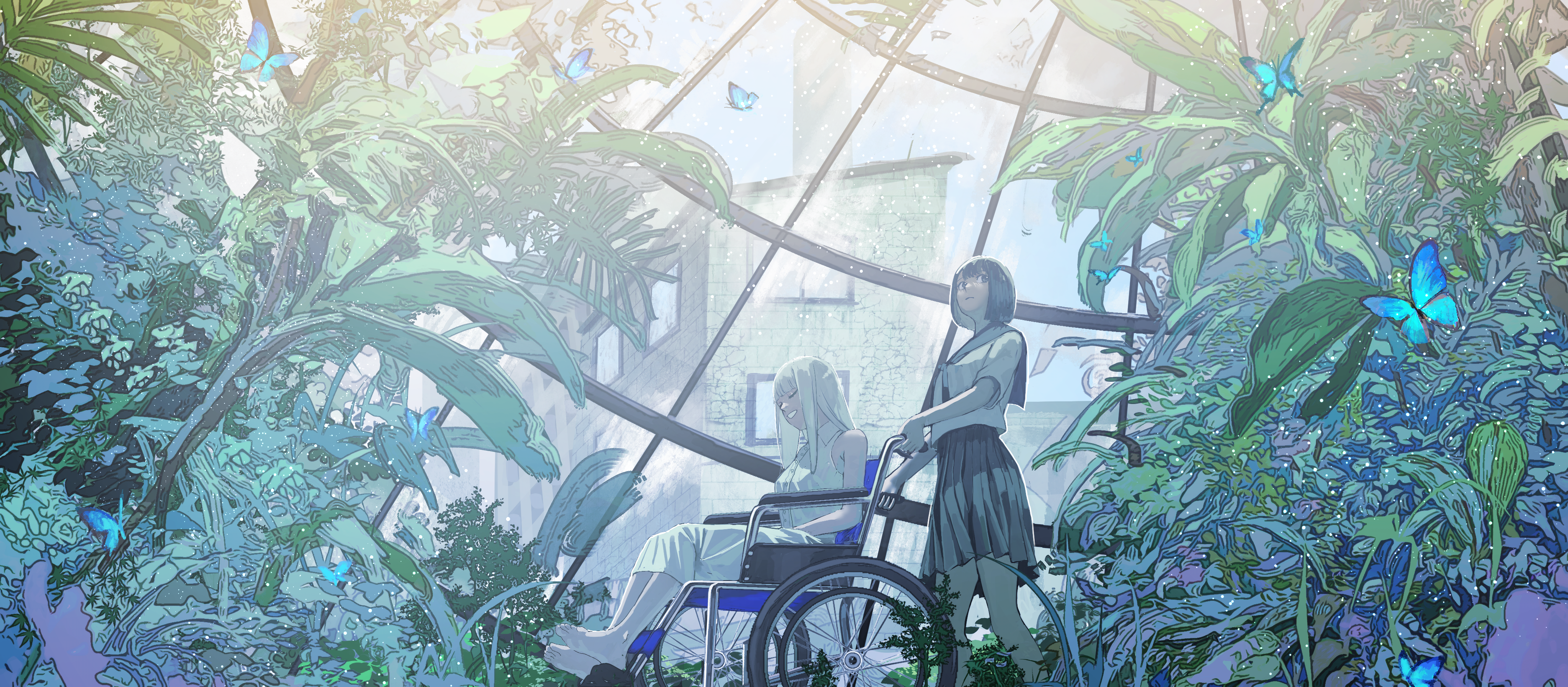 Two girls in a greenhouse with butterflies HD Wallpaper