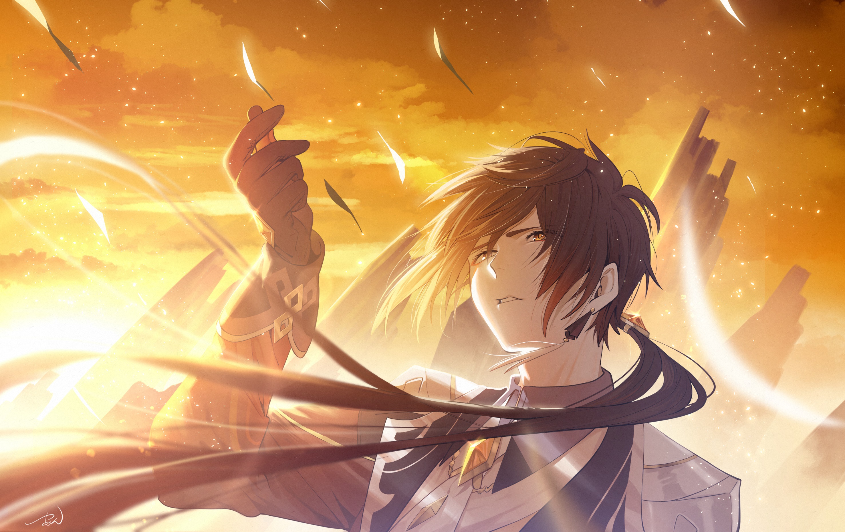 Zhongli from Genshin Impact in golden light HD Wallpaper