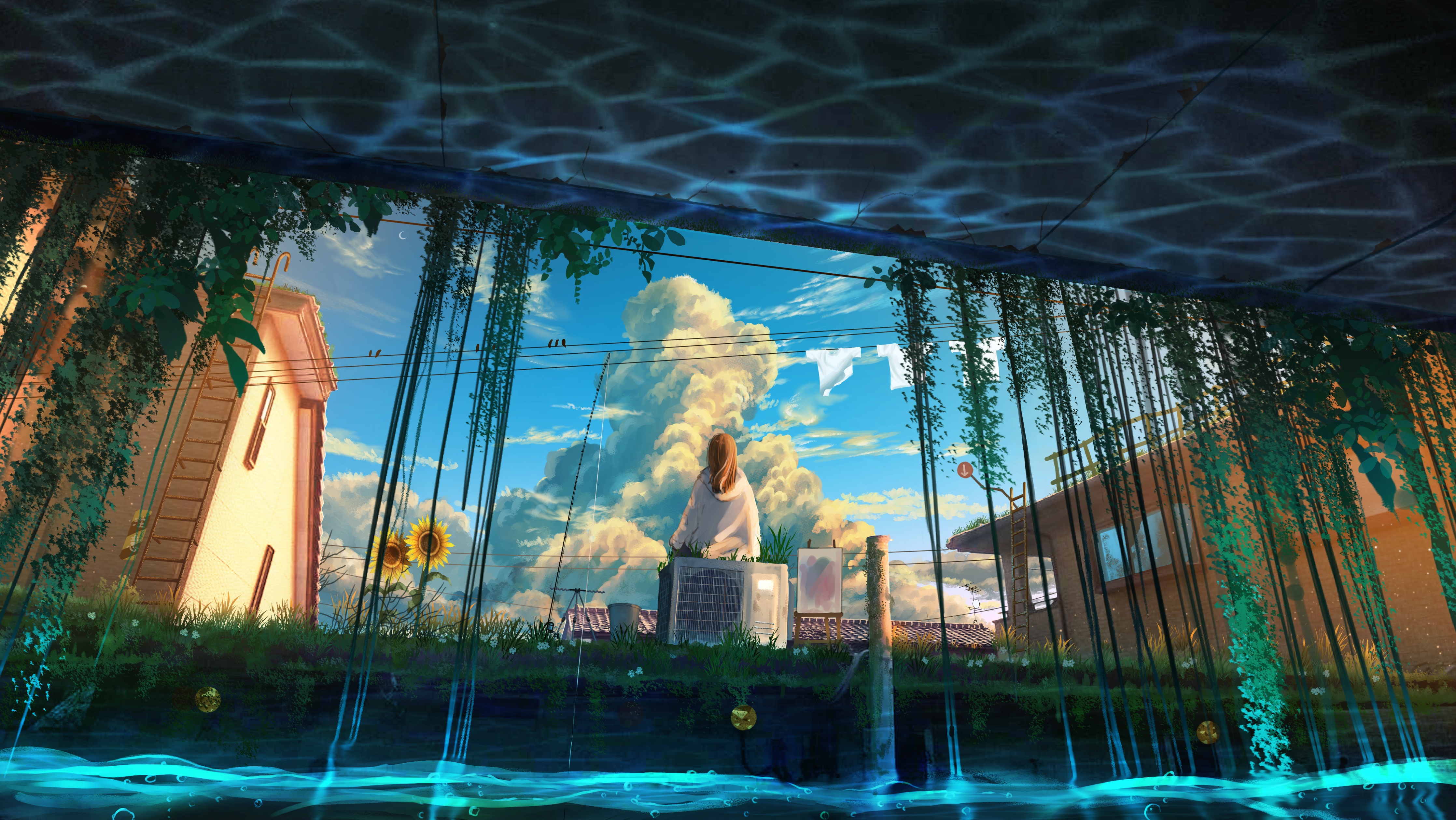 Girl looking at clouds 4K HD Wallpaper