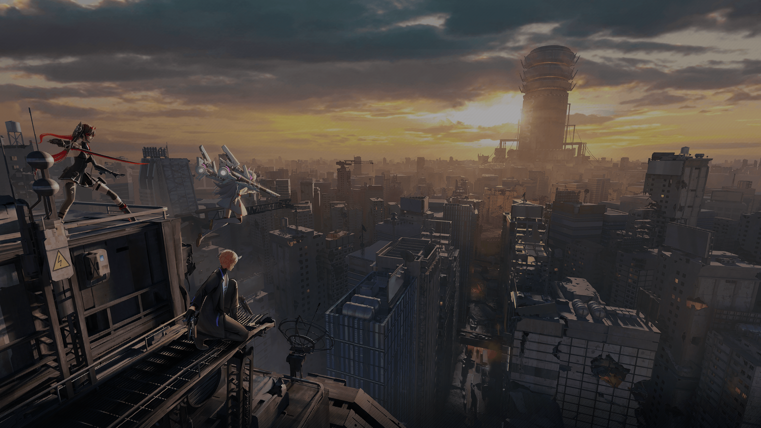 Punishing: Gray Raven characters on a rooftop overlooking a ruined city HD Wallpaper