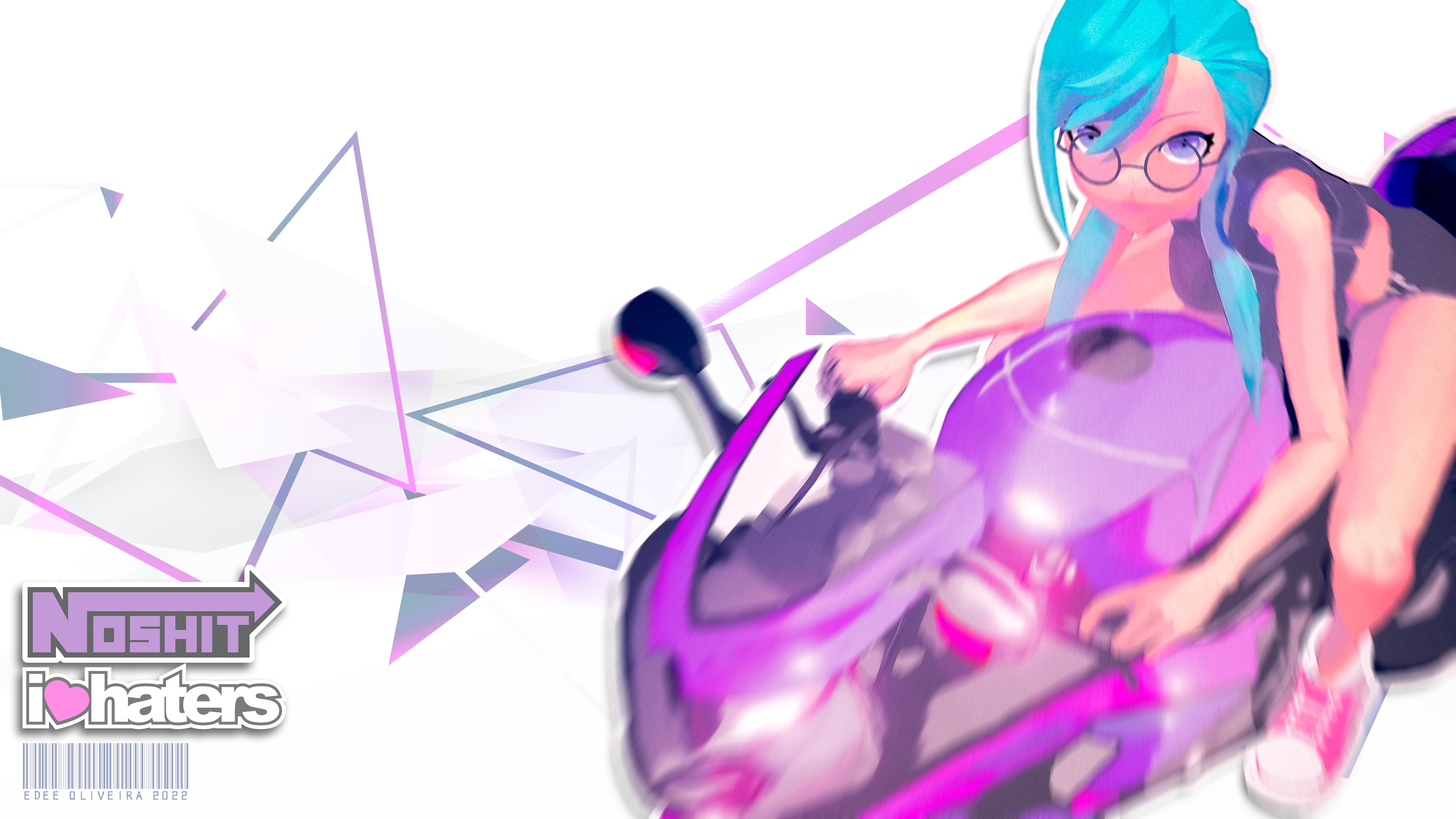 Anime girl on a motorcycle with "Noshit ihaters" logo HD Wallpaper