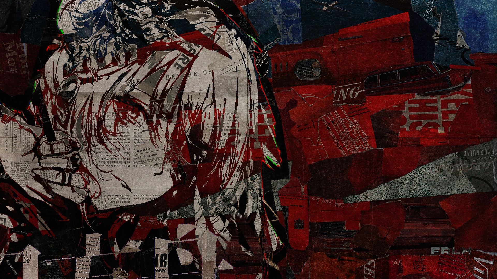 Girl with red and white abstract collage HD Wallpaper