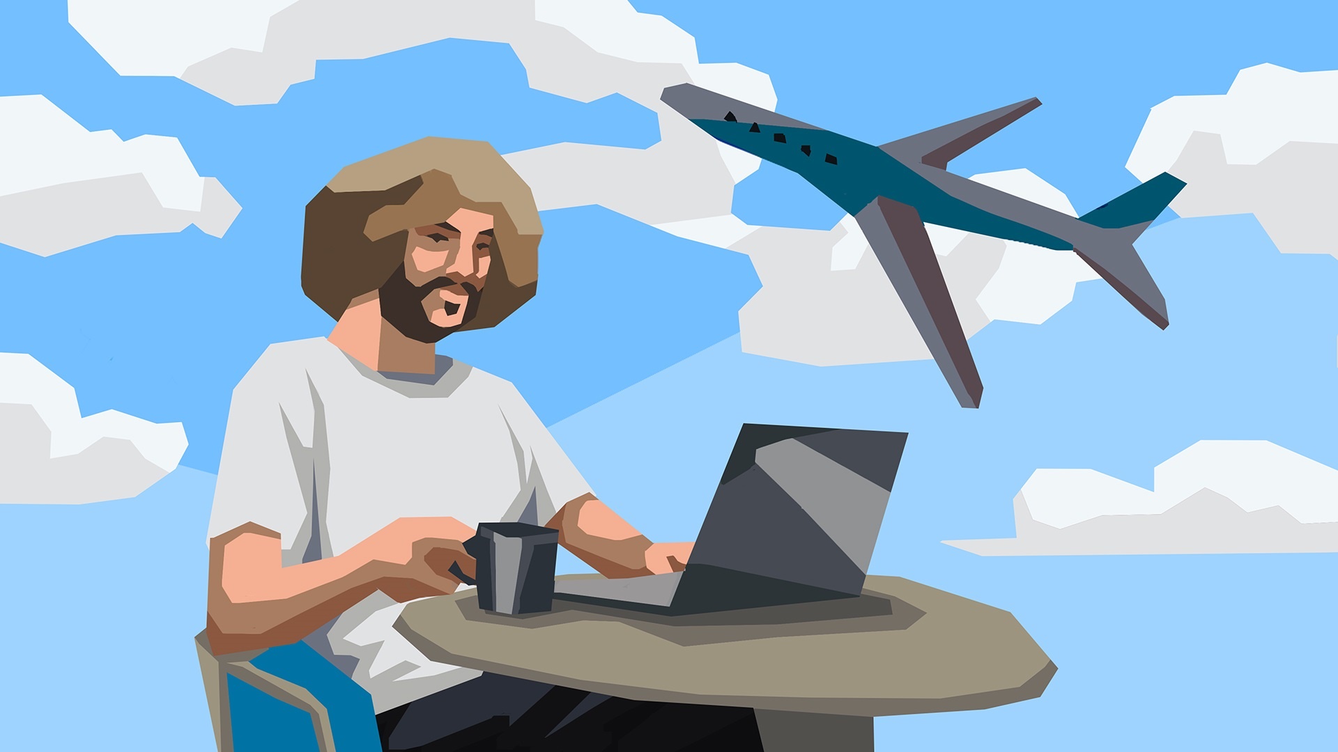 Man with laptop and coffee with airplane in sky HD Wallpaper