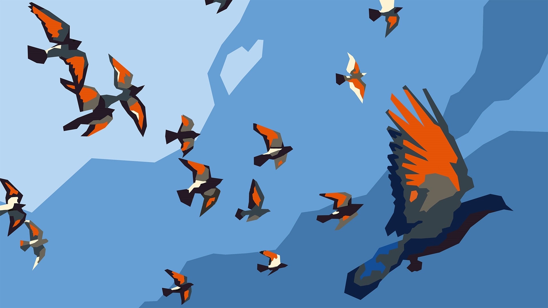 Flock of birds migrating across a blue sky HD Wallpaper