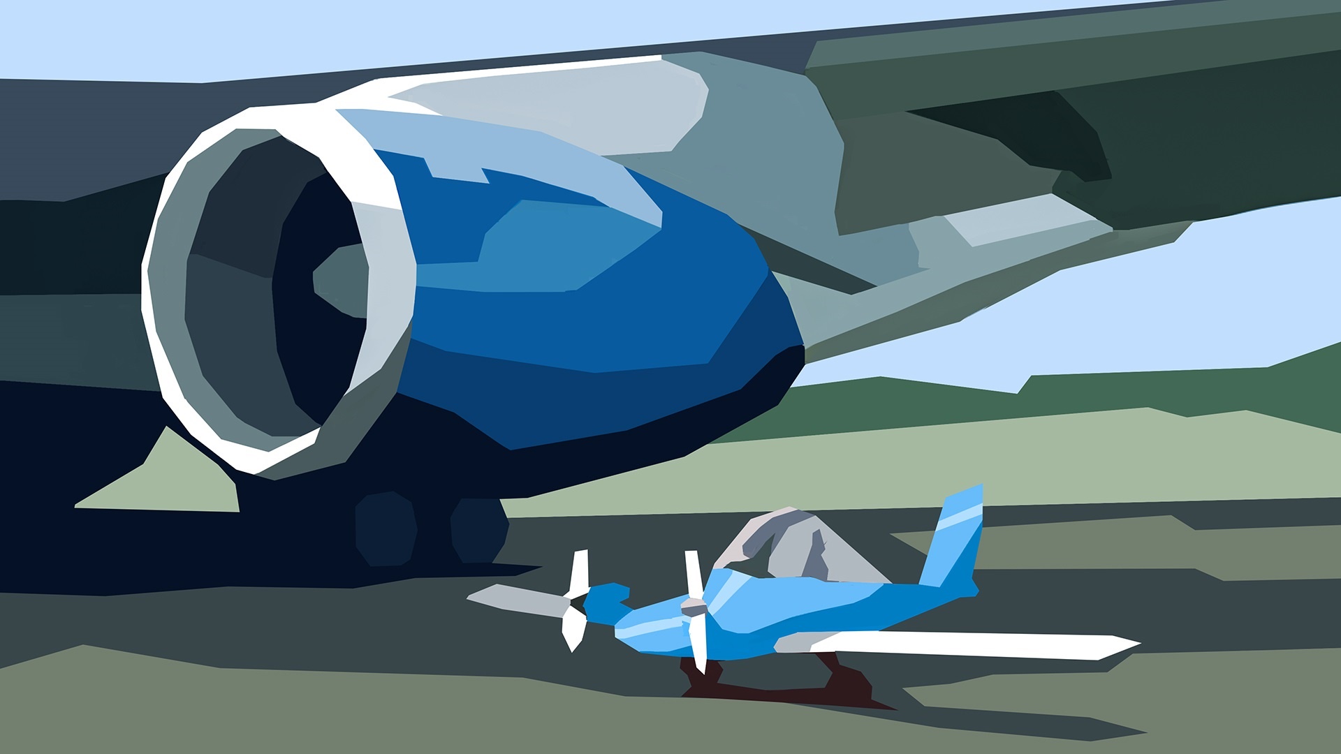 Large aircraft engine and small airplane HD Wallpaper