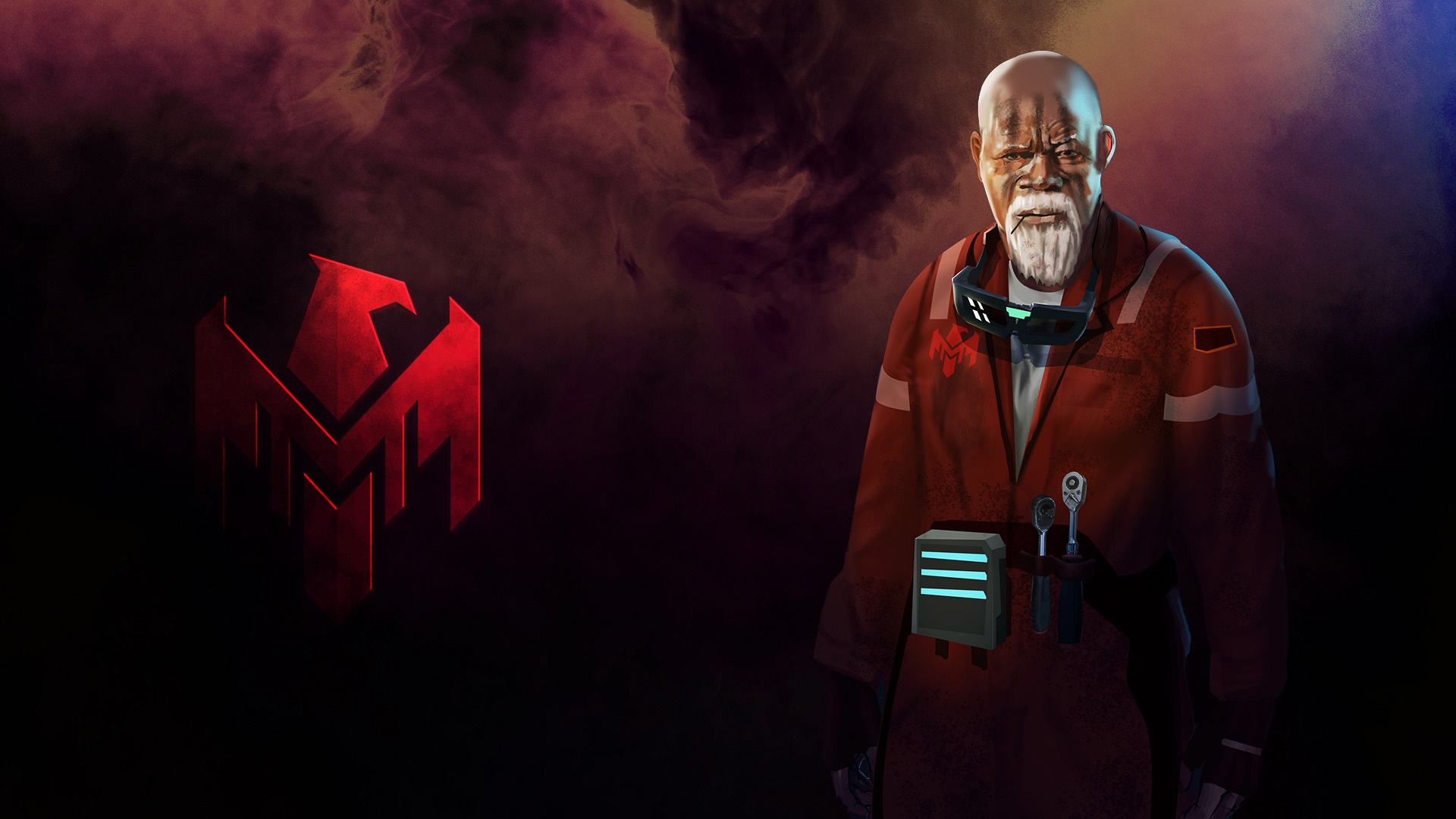 Man with beard and red jumpsuit with logo HD Wallpaper