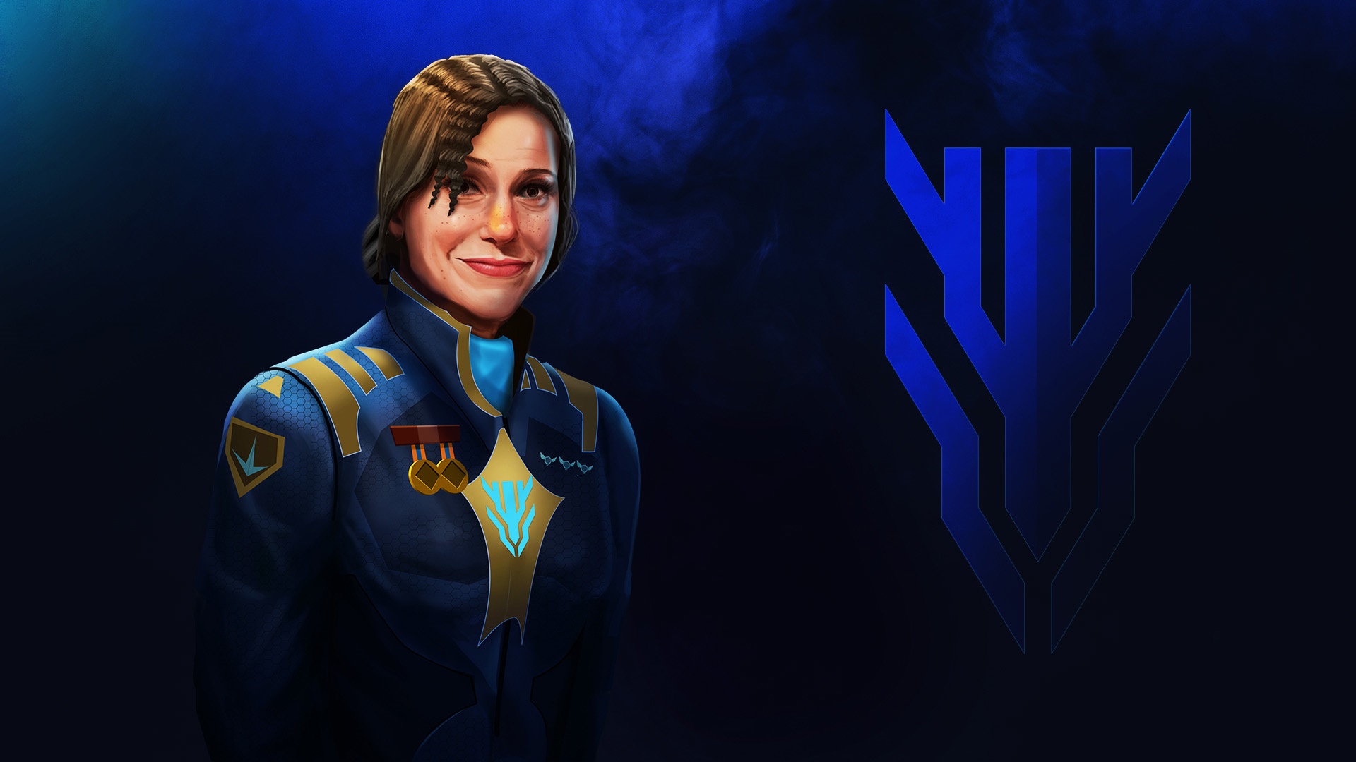 Woman in uniform with blue and gold insignia HD Wallpaper