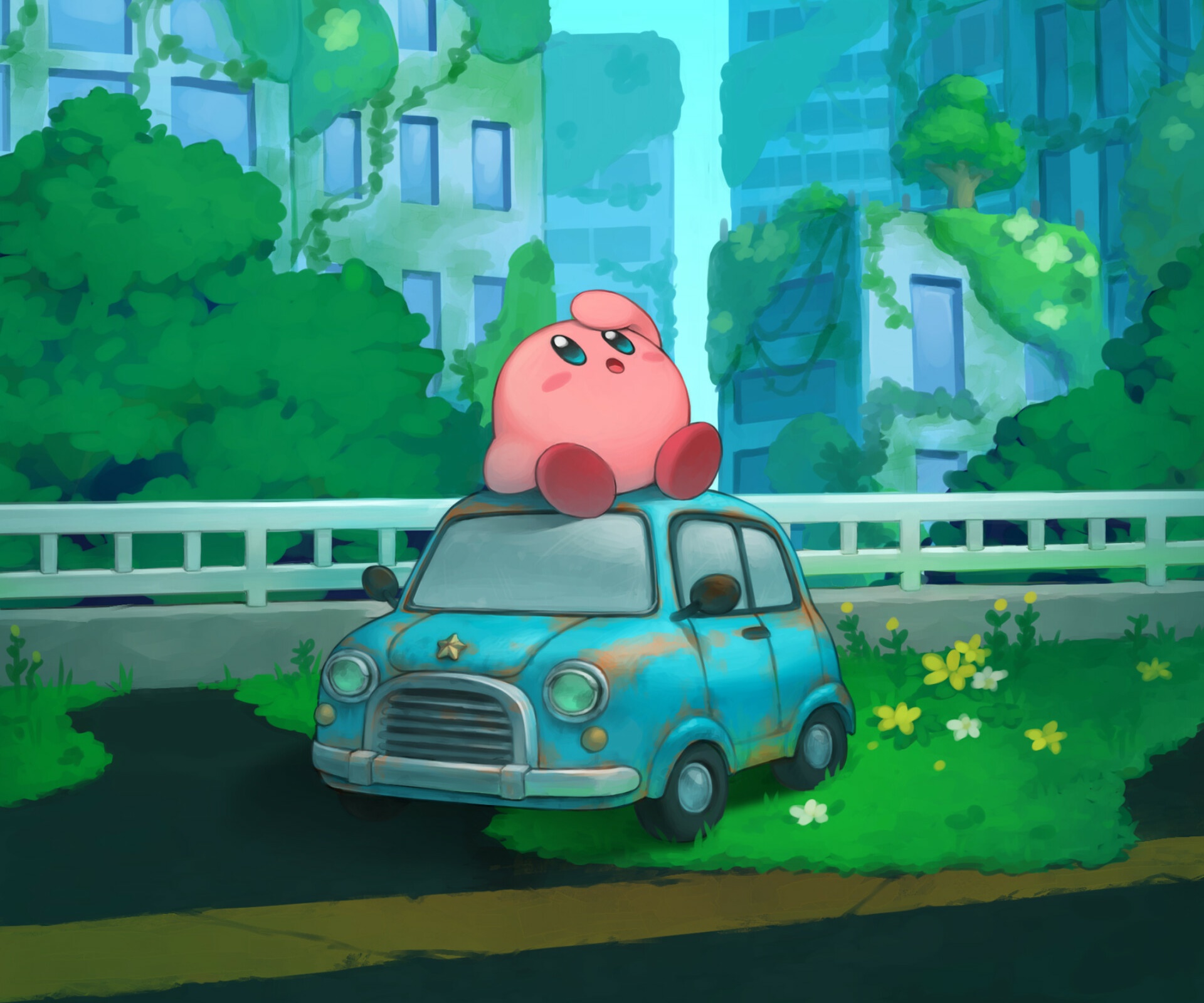 Kirby from Kirby and the Forgotten Land on a car HD Wallpaper