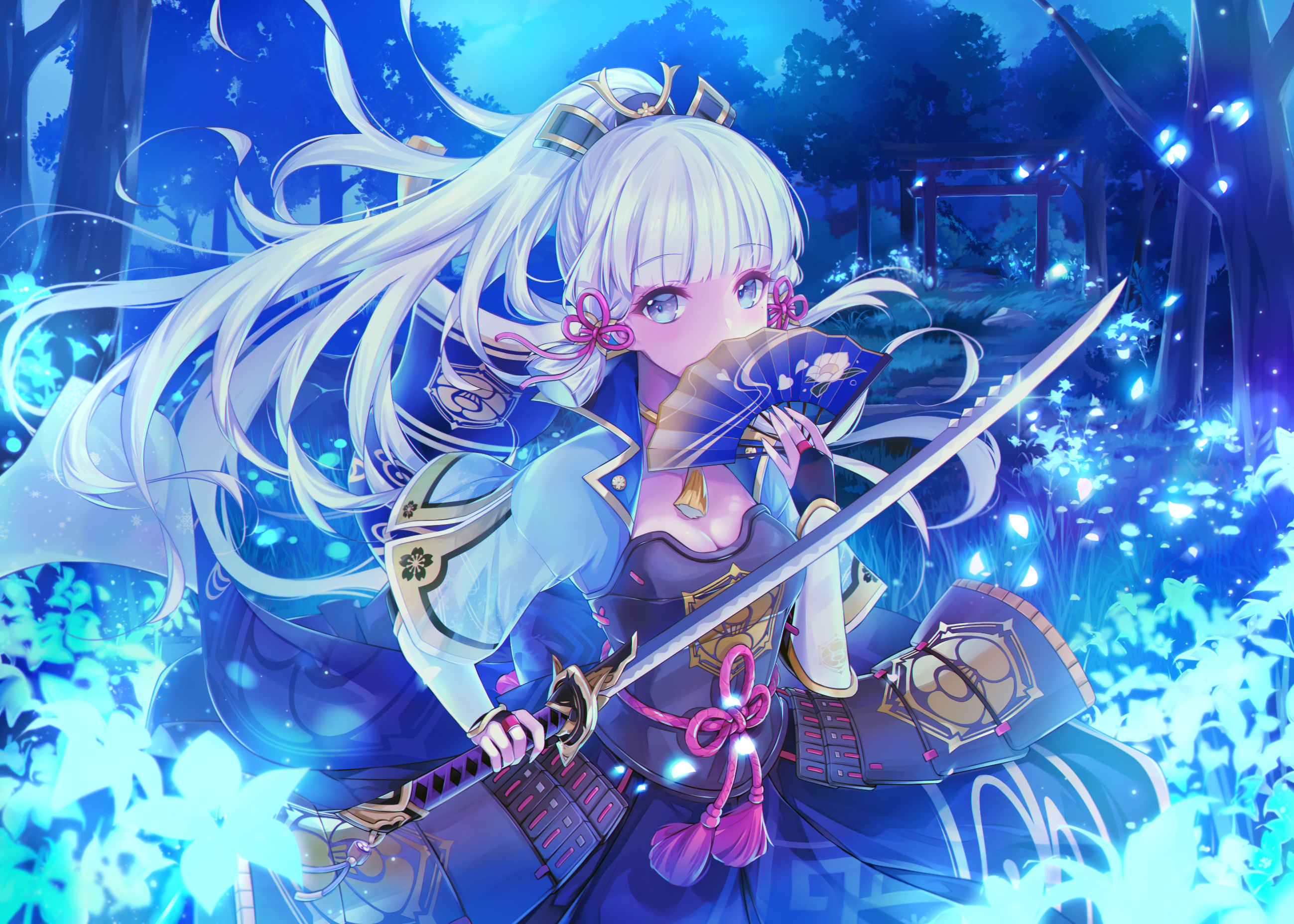 Kamisato Ayaka from Genshin Impact with a katana HD Wallpaper